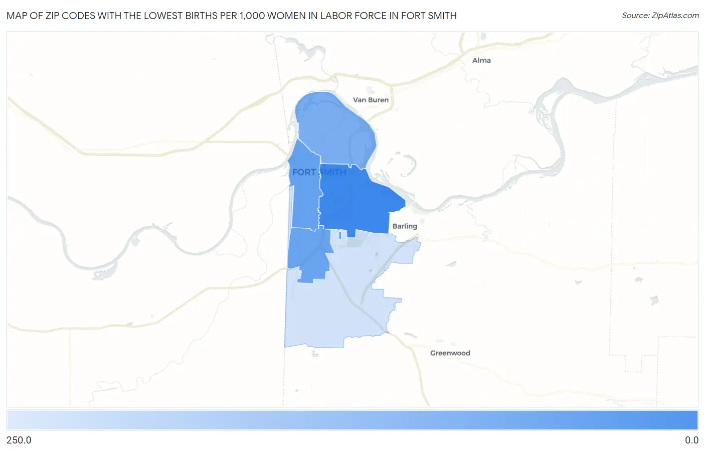 Zip Codes with the Lowest Births per 1,000 Women in Labor Force in Fort Smith Map
