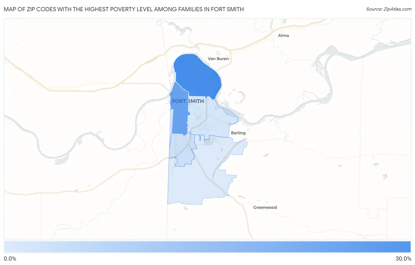 Zip Codes with the Highest Poverty Level Among Families in Fort Smith Map