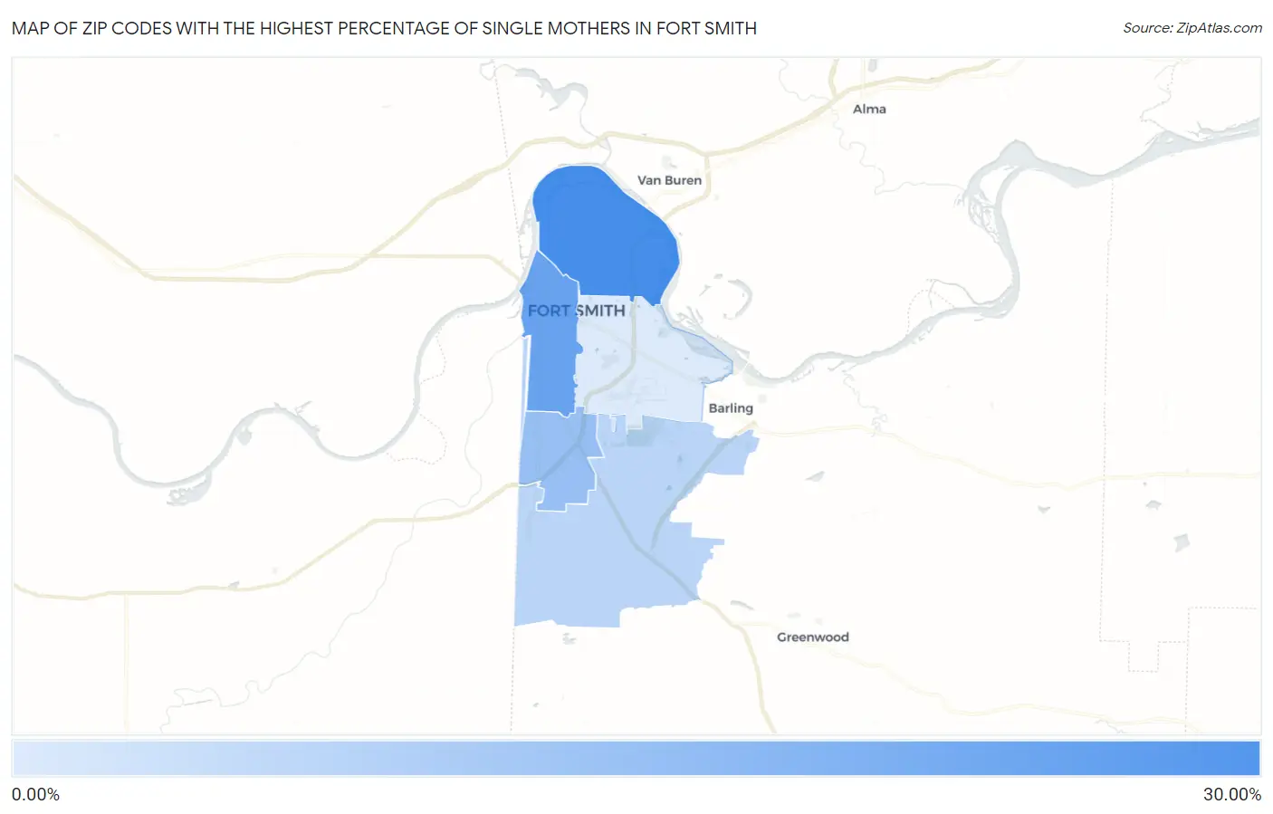 Zip Codes with the Highest Percentage of Single Mothers in Fort Smith Map