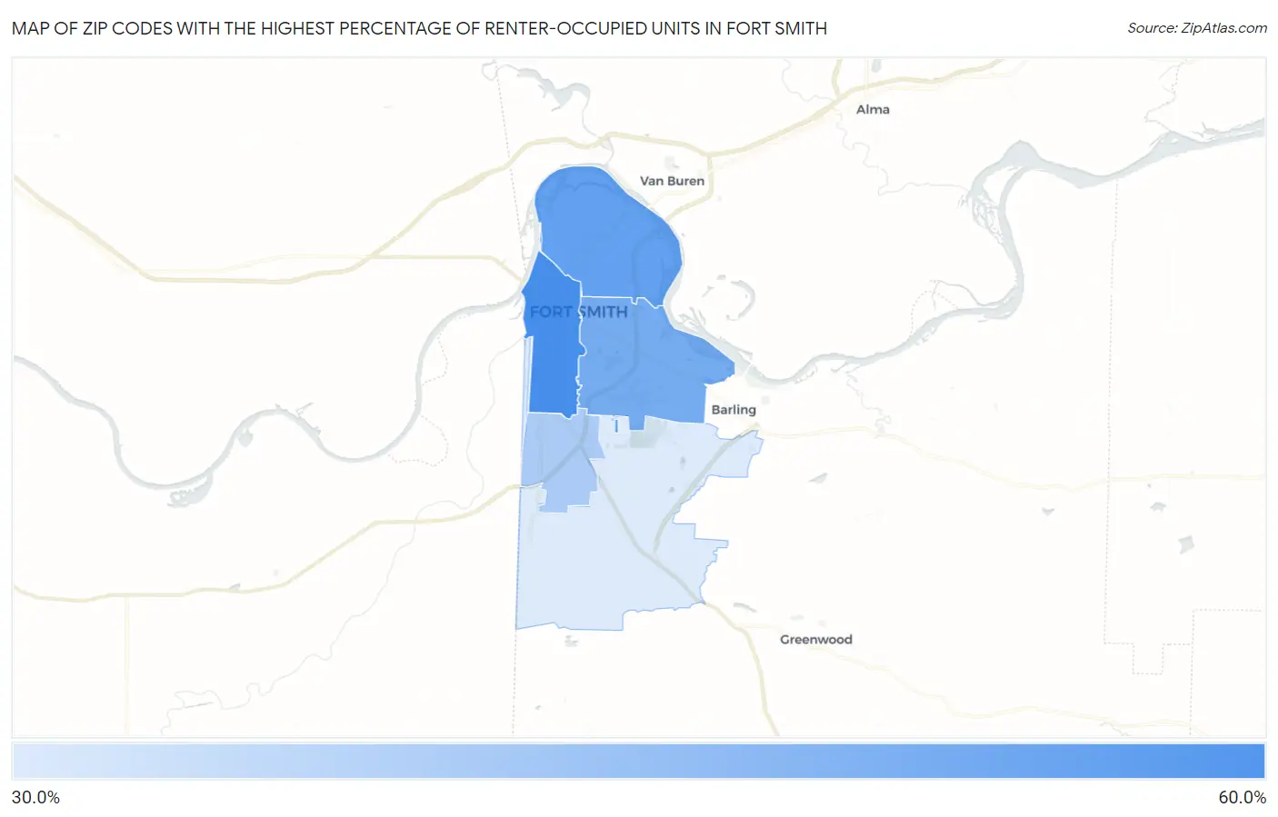 Zip Codes with the Highest Percentage of Renter-Occupied Units in Fort Smith Map