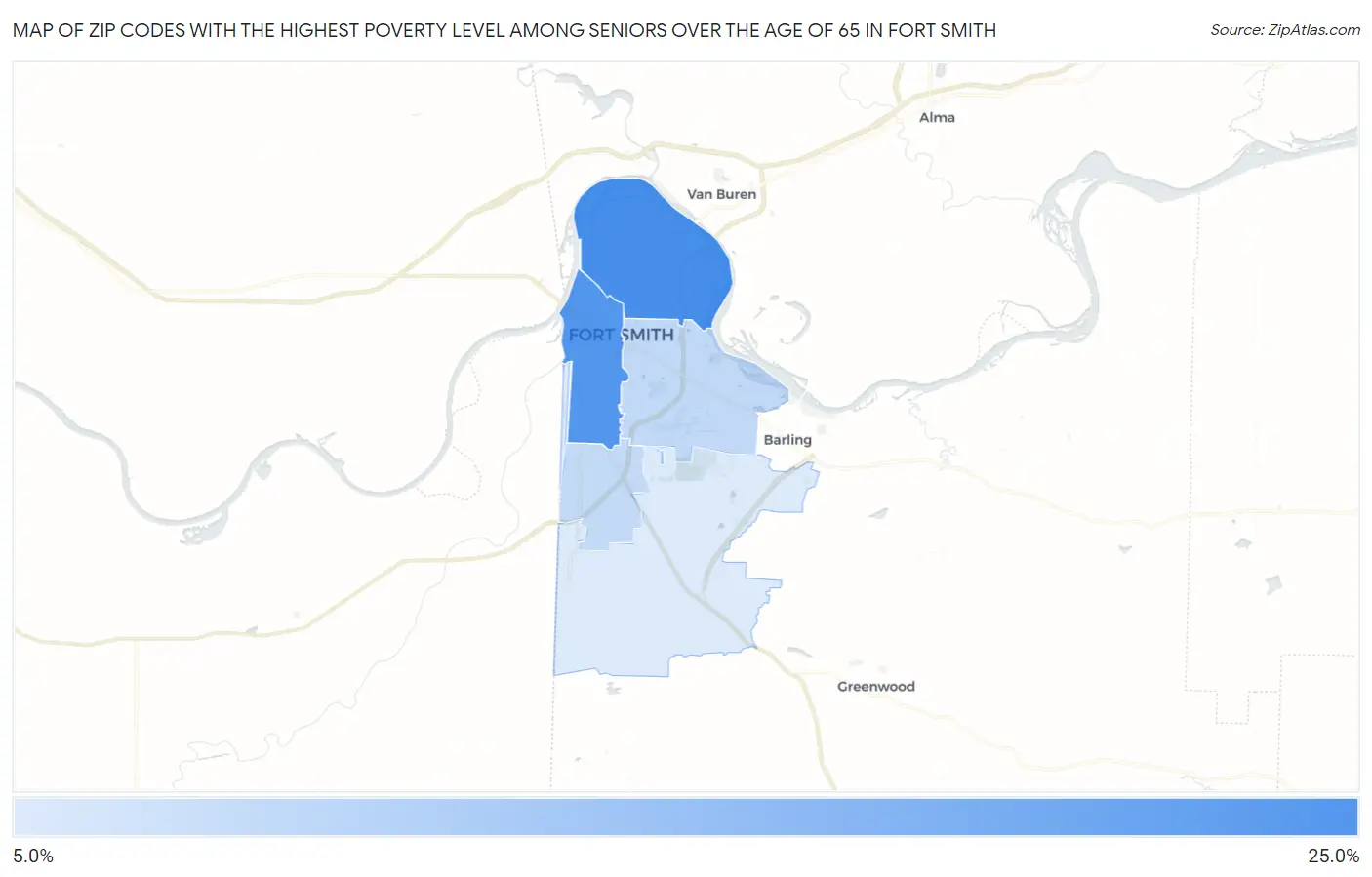 Zip Codes with the Highest Poverty Level Among Seniors Over the Age of 65 in Fort Smith Map