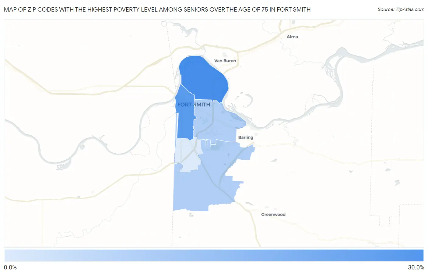 Zip Codes with the Highest Poverty Level Among Seniors Over the Age of 75 in Fort Smith Map