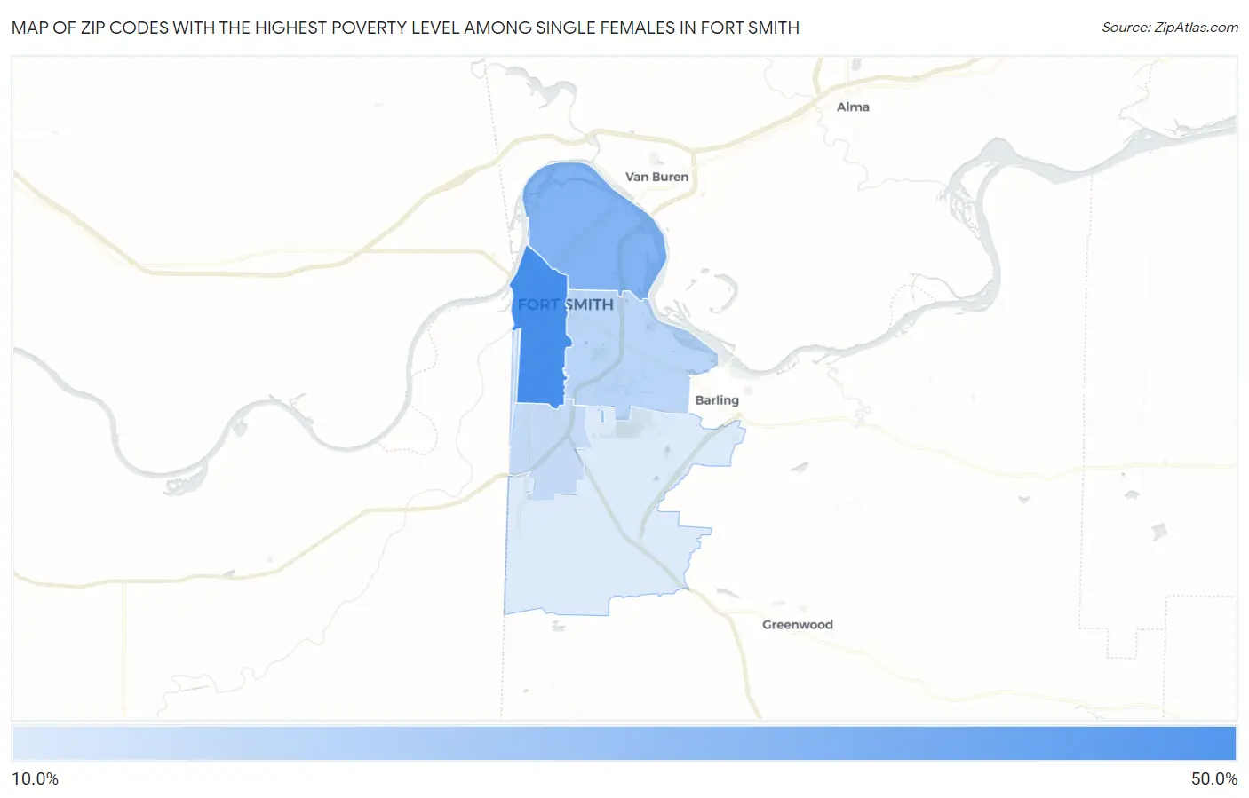 Zip Codes with the Highest Poverty Level Among Single Females in Fort Smith Map