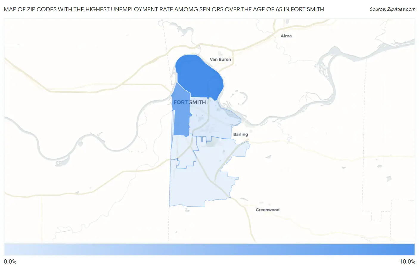Zip Codes with the Highest Unemployment Rate Amomg Seniors Over the Age of 65 in Fort Smith Map