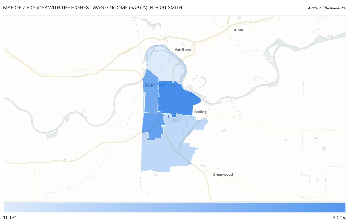 Zip Codes with the Highest Wage/Income Gap (%) in Fort Smith Map