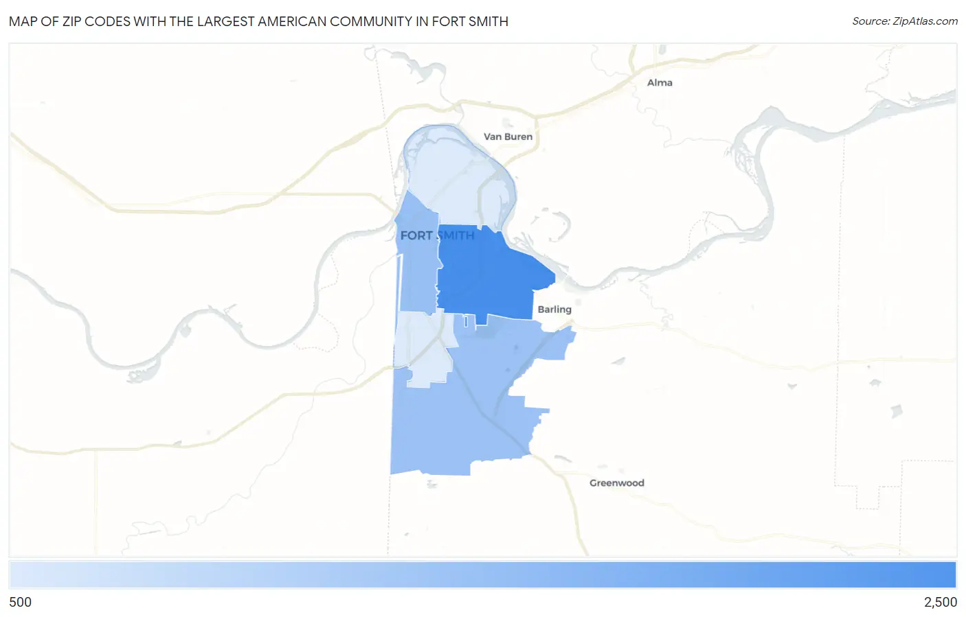 Zip Codes with the Largest American Community in Fort Smith Map