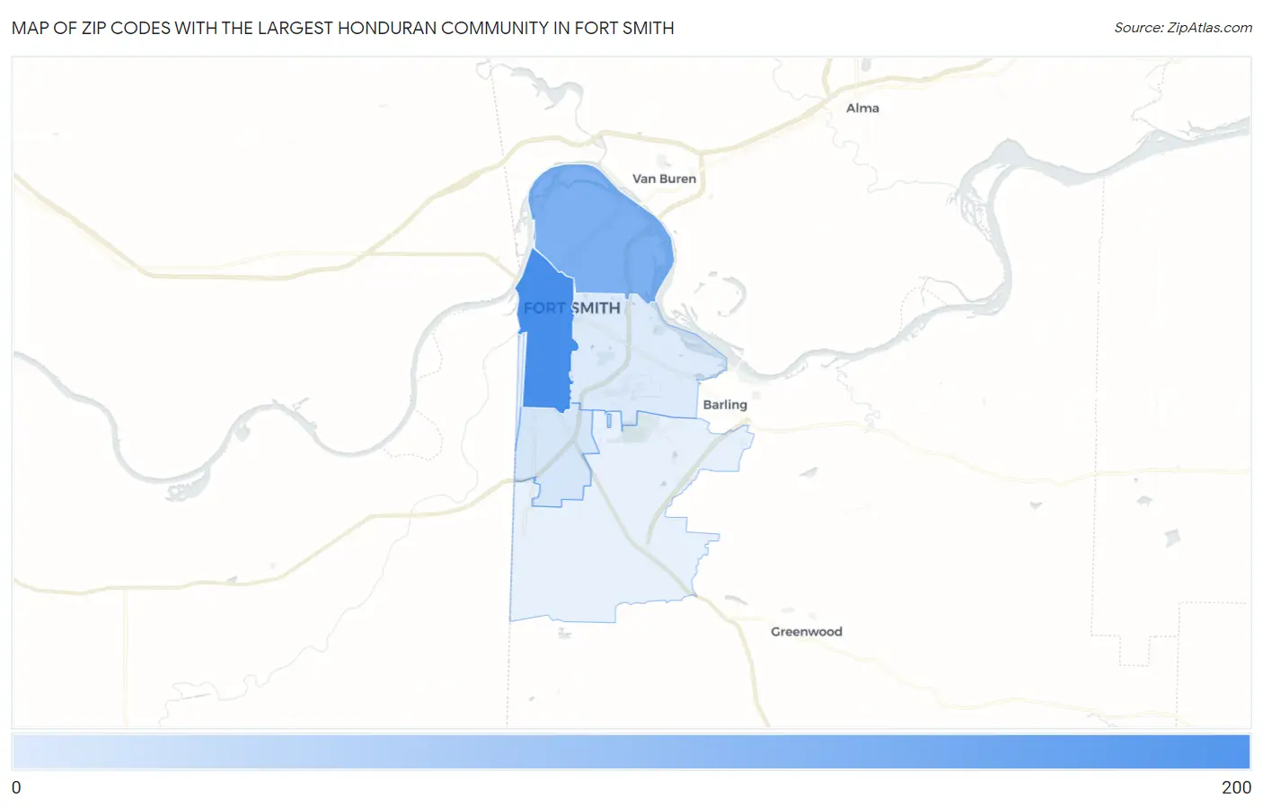 Zip Codes with the Largest Honduran Community in Fort Smith Map