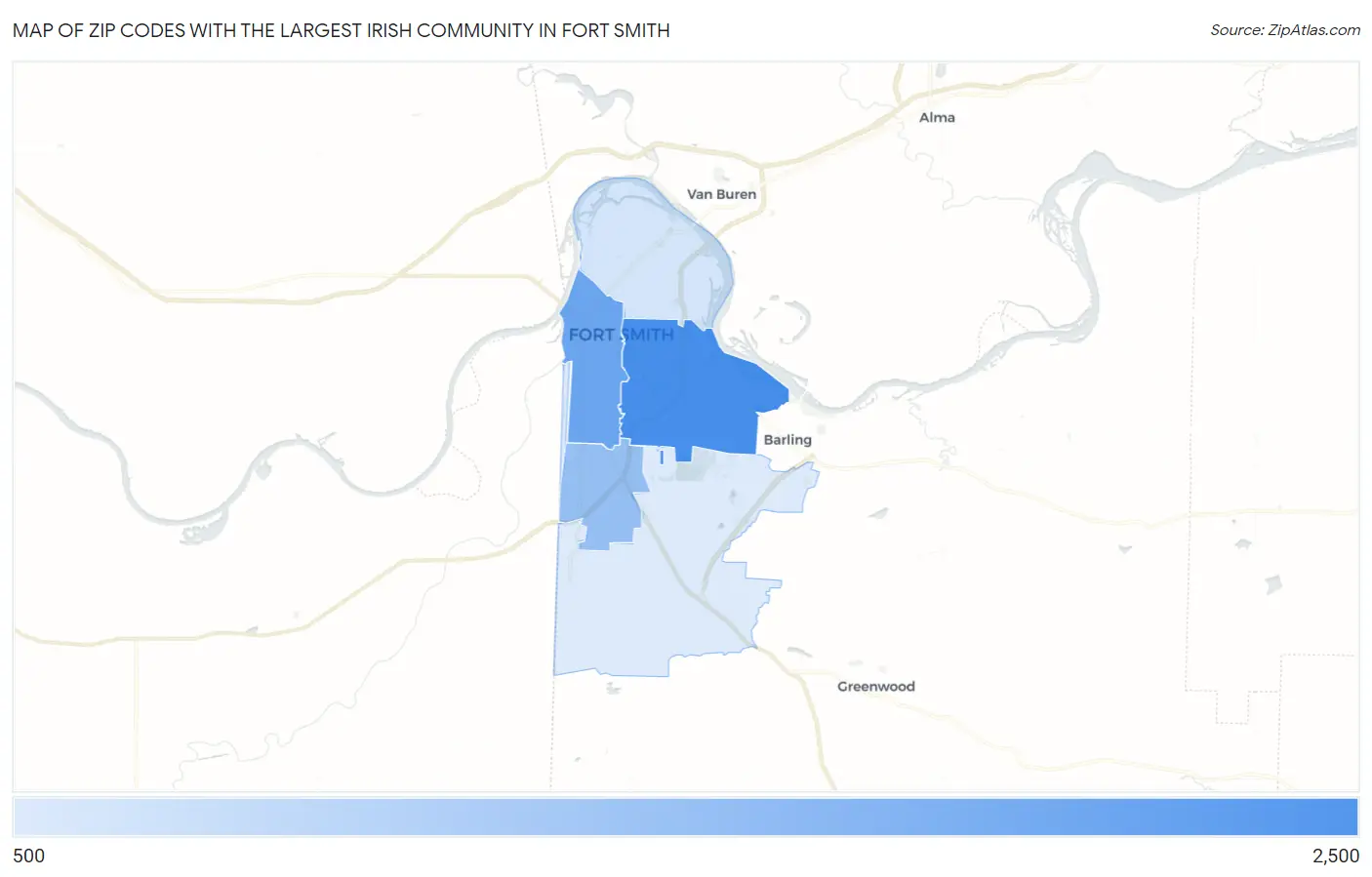 Zip Codes with the Largest Irish Community in Fort Smith Map