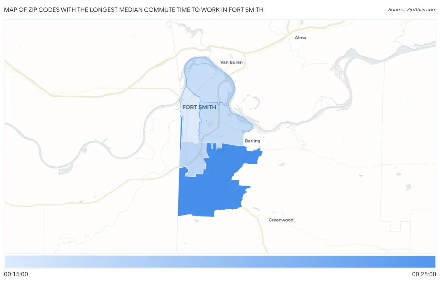 Zip Codes with the Longest Median Commute Time to Work in Fort Smith Map