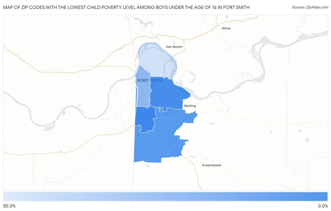 Zip Codes with the Lowest Child Poverty Level Among Boys Under the Age of 16 in Fort Smith Map