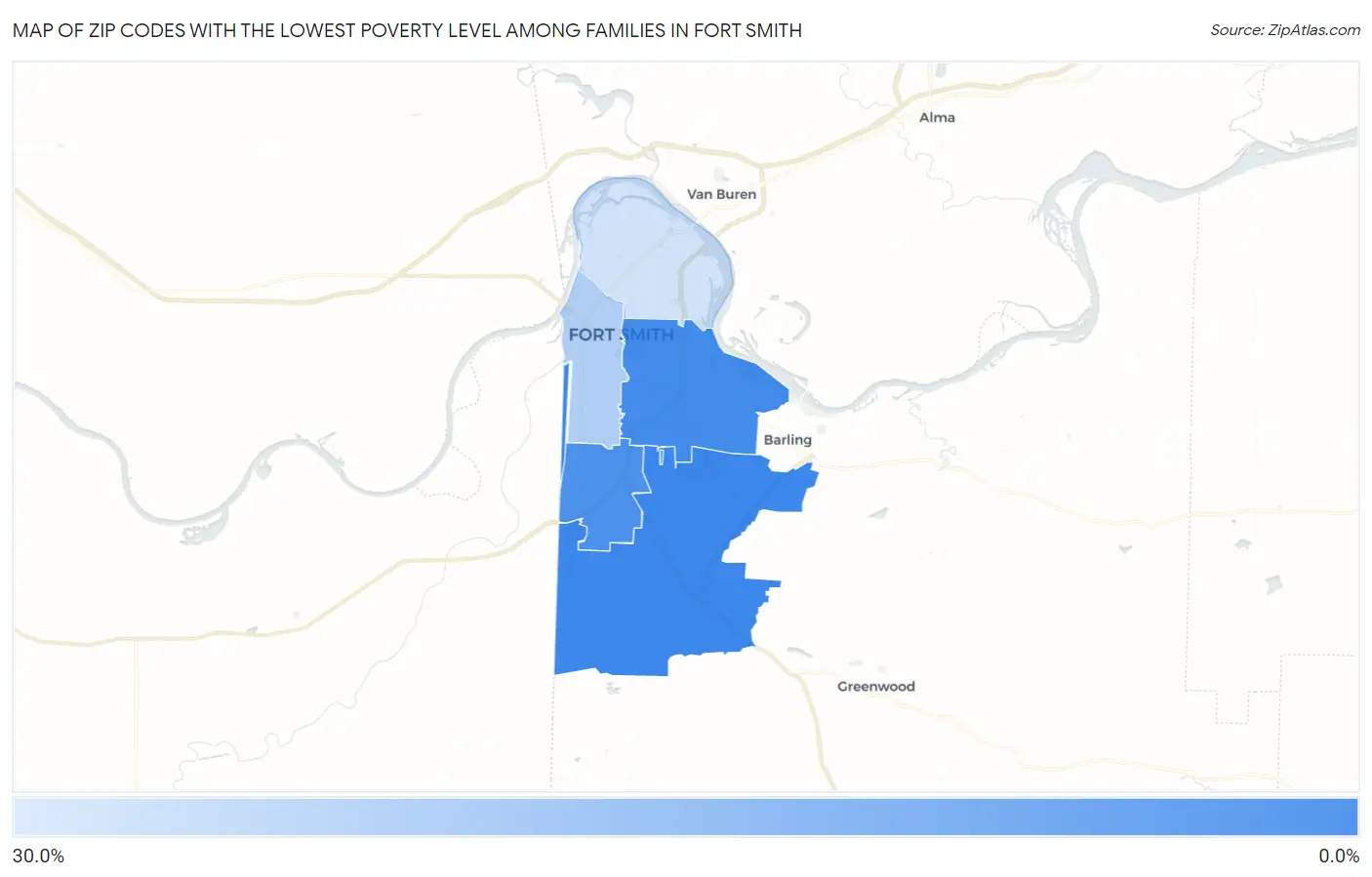 Zip Codes with the Lowest Poverty Level Among Families in Fort Smith Map