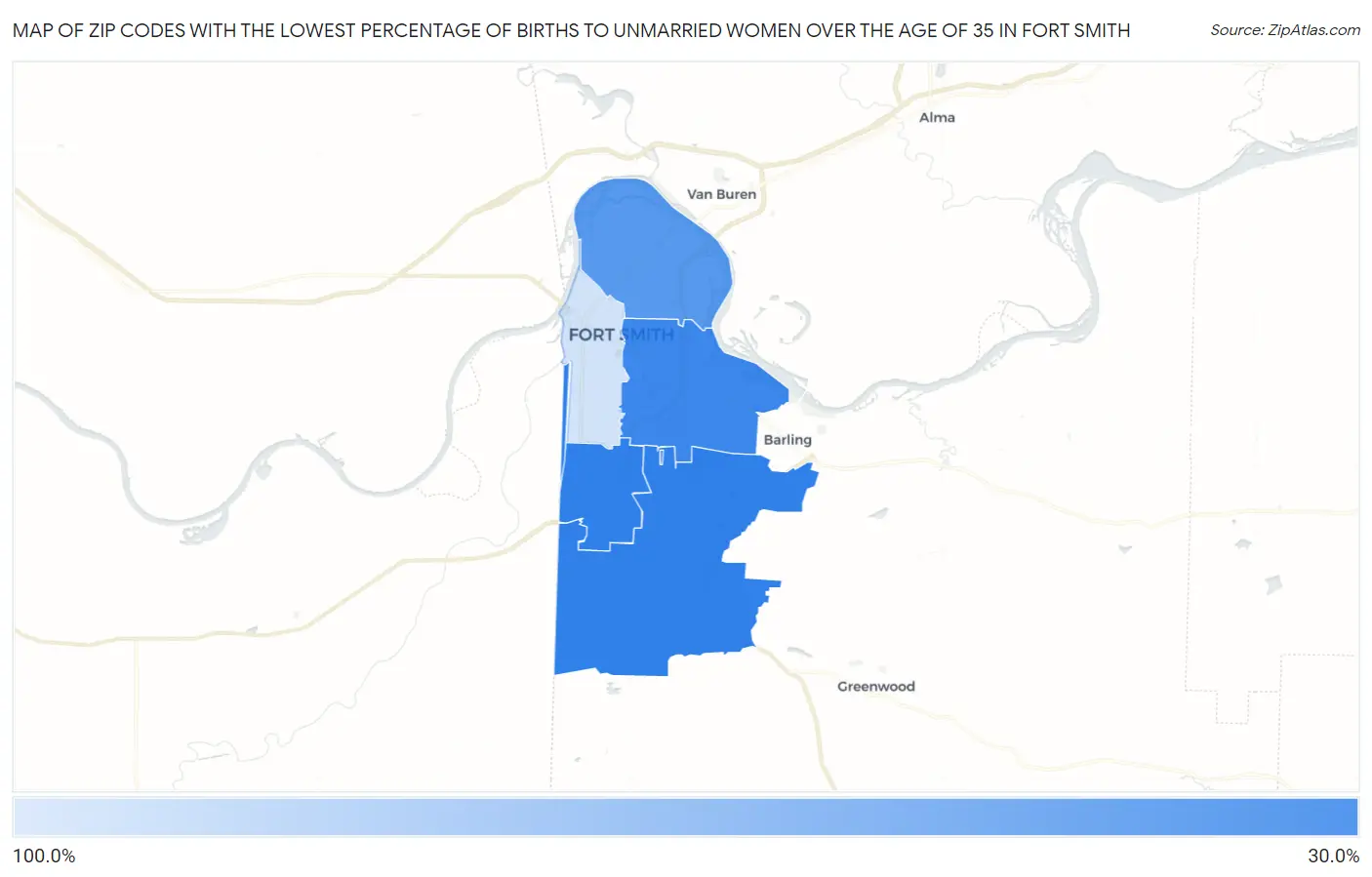 Zip Codes with the Lowest Percentage of Births to Unmarried Women over the Age of 35 in Fort Smith Map