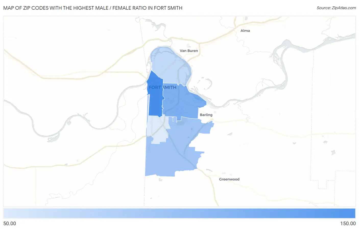 Zip Codes with the Highest Male / Female Ratio in Fort Smith Map