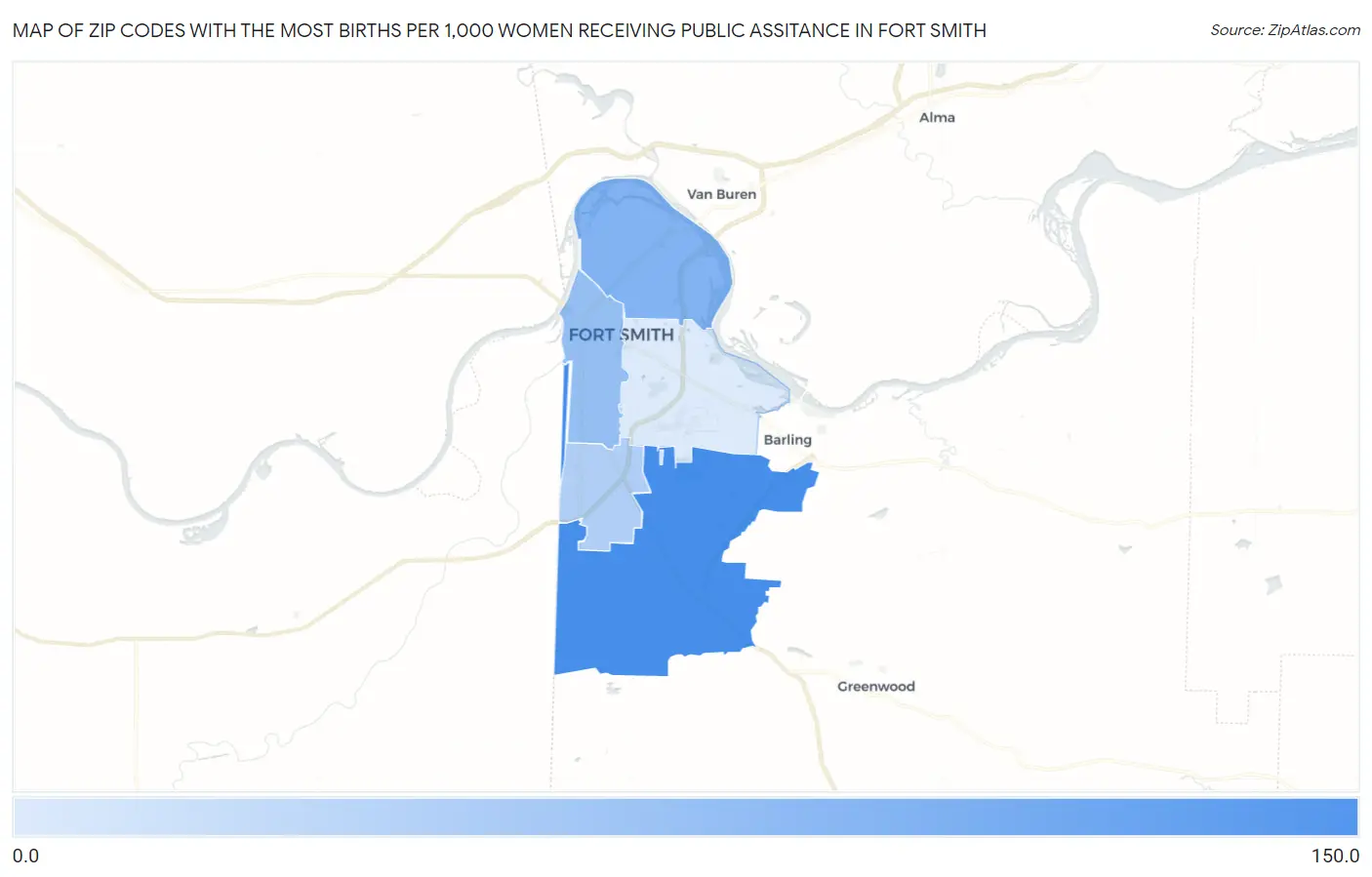 Zip Codes with the Most Births per 1,000 Women Receiving Public Assitance in Fort Smith Map