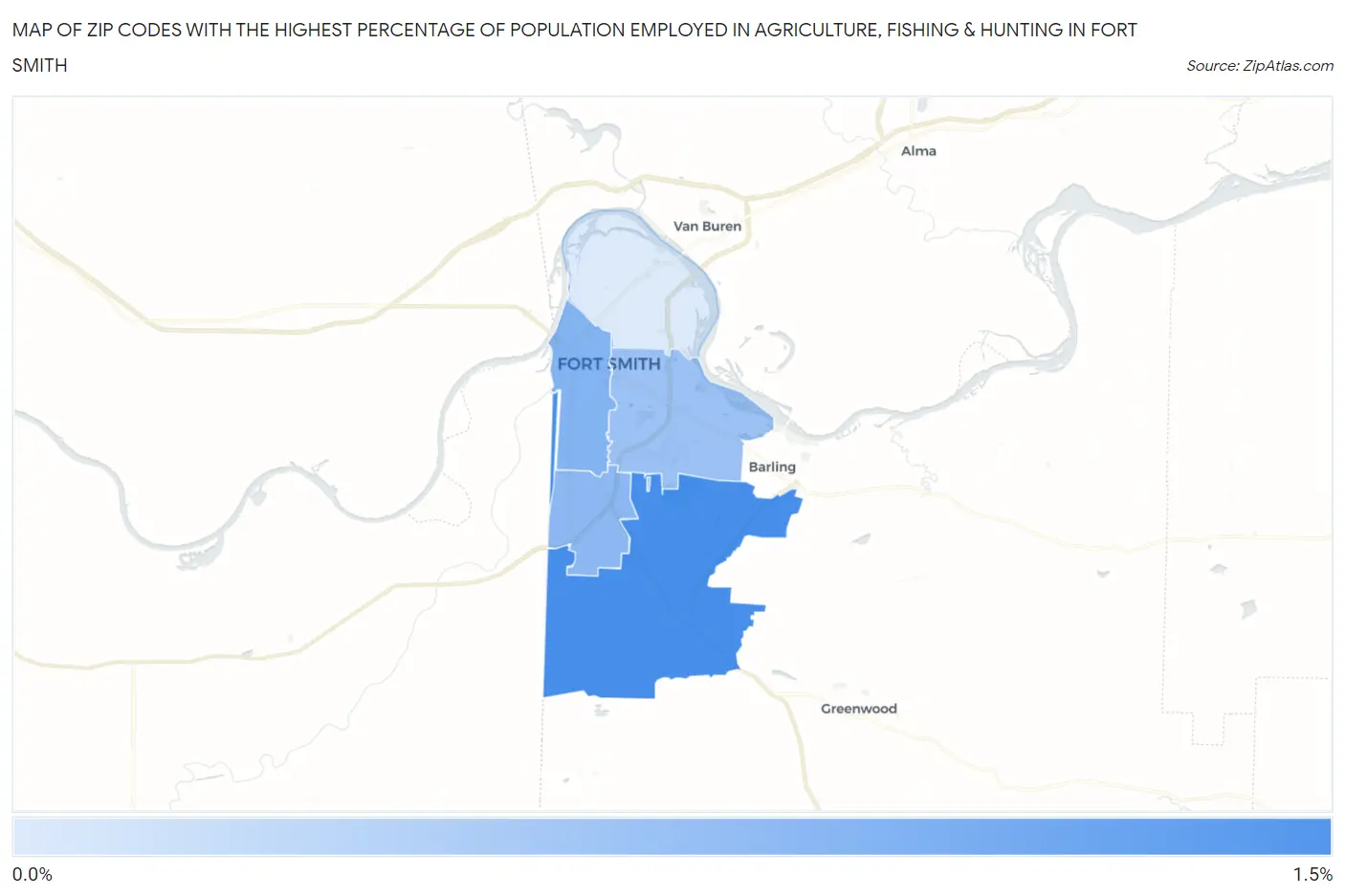 Zip Codes with the Highest Percentage of Population Employed in Agriculture, Fishing & Hunting in Fort Smith Map