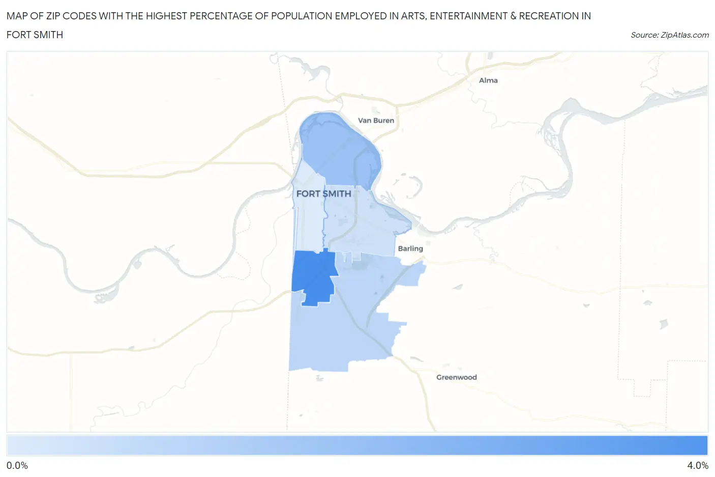 Zip Codes with the Highest Percentage of Population Employed in Arts, Entertainment & Recreation in Fort Smith Map