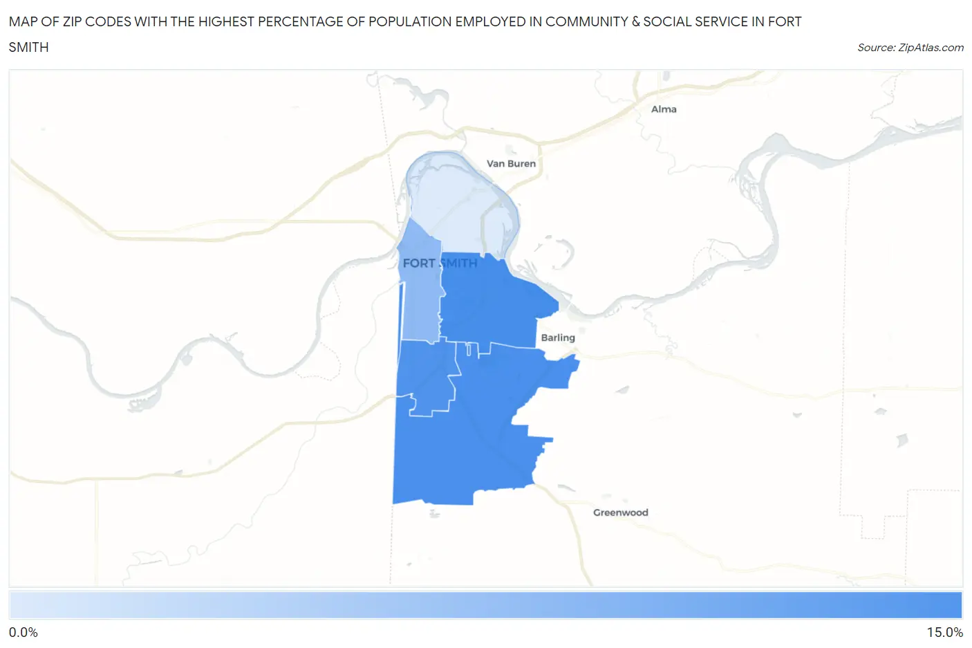 Zip Codes with the Highest Percentage of Population Employed in Community & Social Service  in Fort Smith Map