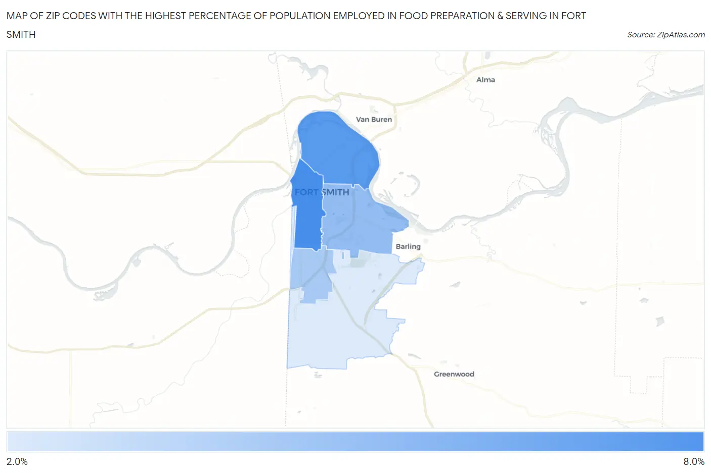 Zip Codes with the Highest Percentage of Population Employed in Food Preparation & Serving in Fort Smith Map