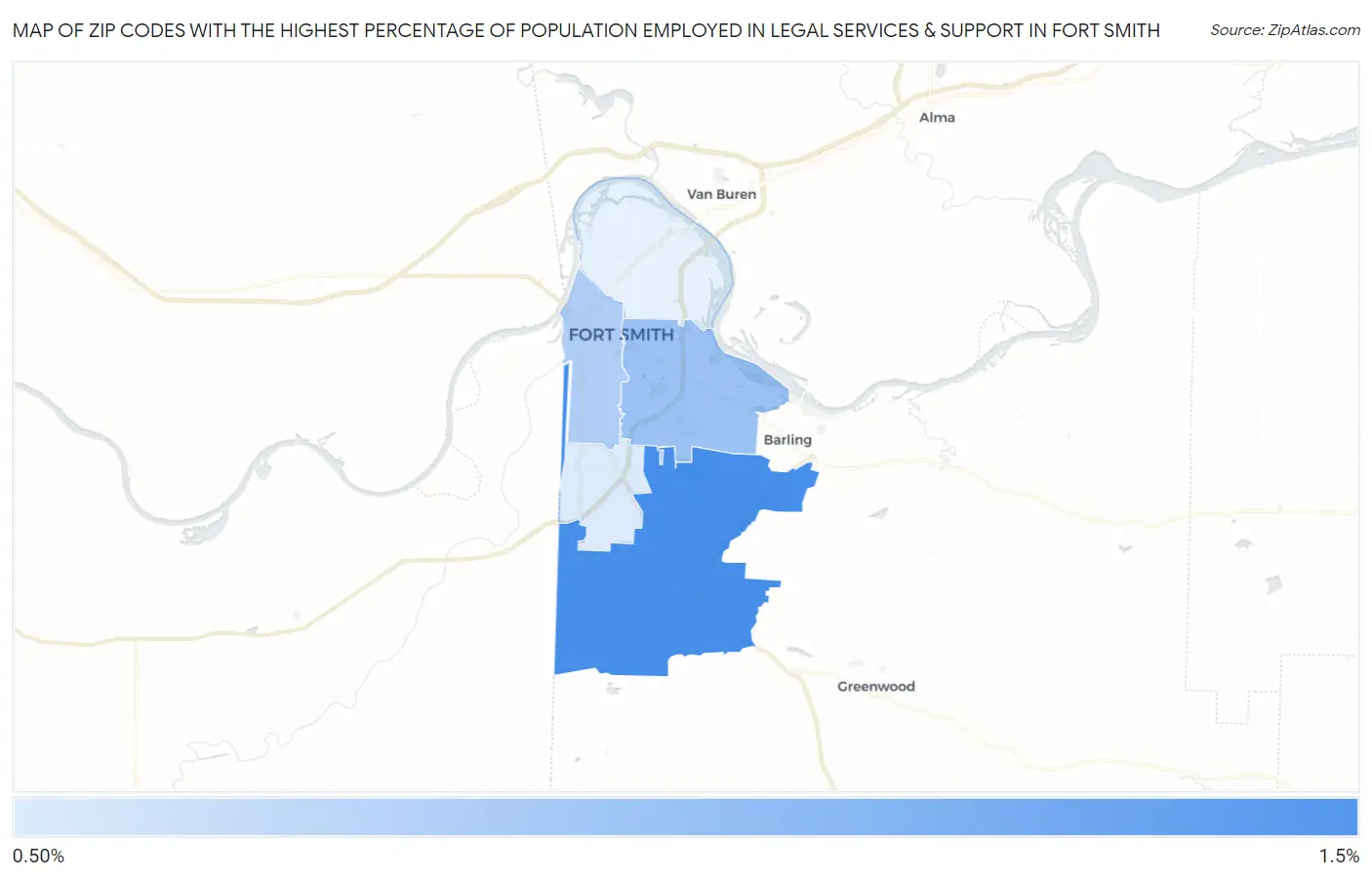 Zip Codes with the Highest Percentage of Population Employed in Legal Services & Support in Fort Smith Map