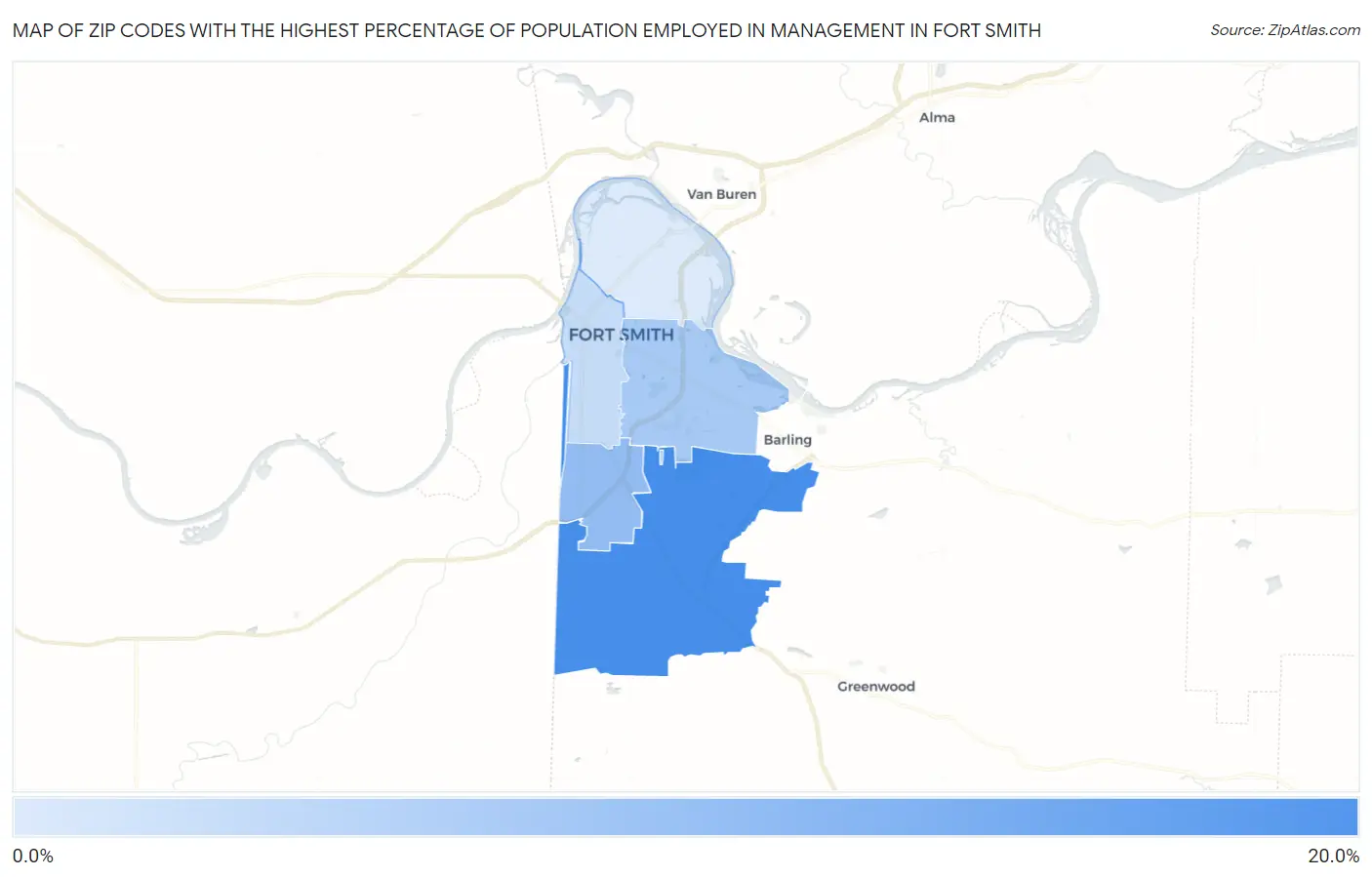 Zip Codes with the Highest Percentage of Population Employed in Management in Fort Smith Map