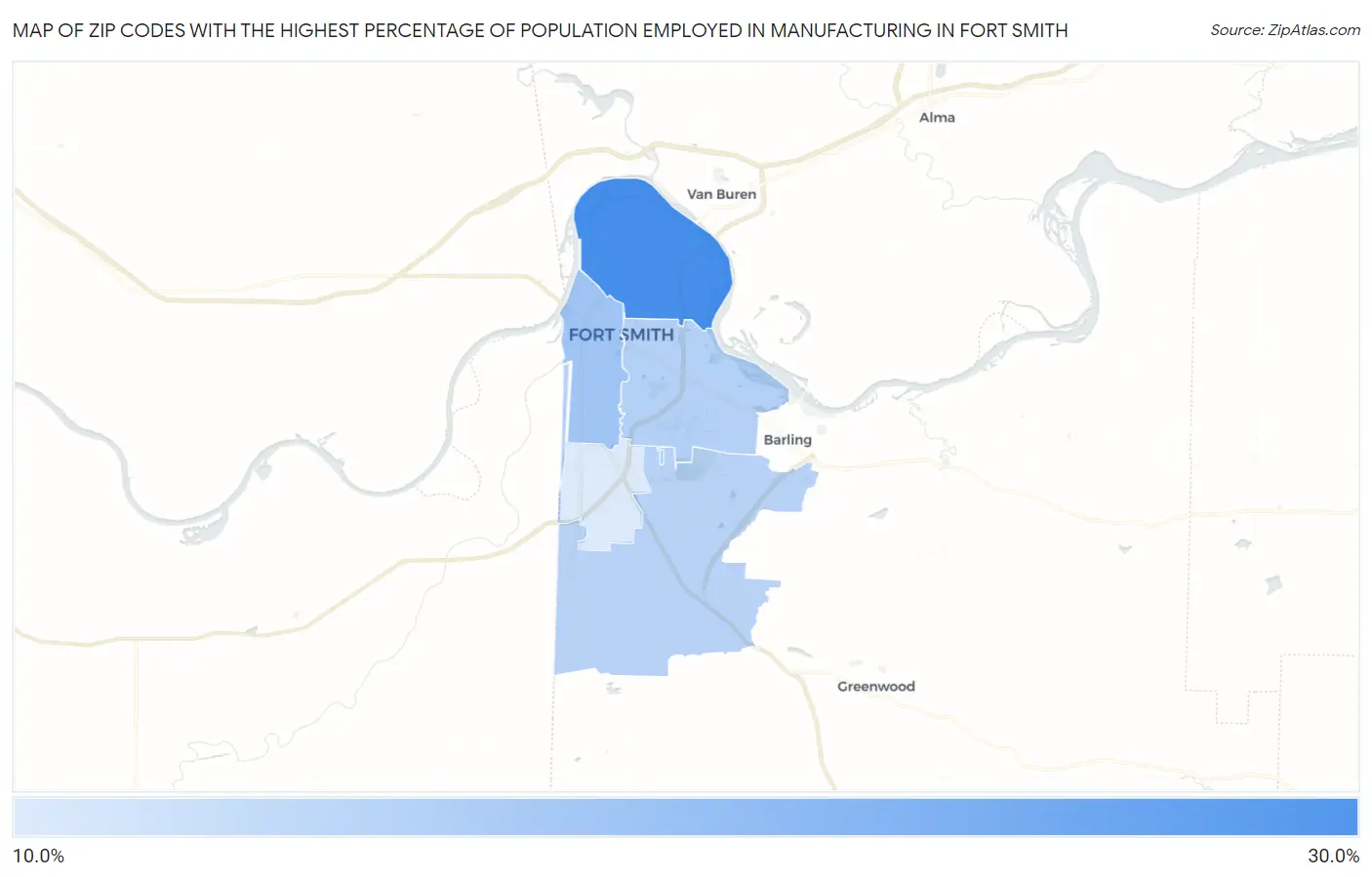 Zip Codes with the Highest Percentage of Population Employed in Manufacturing in Fort Smith Map
