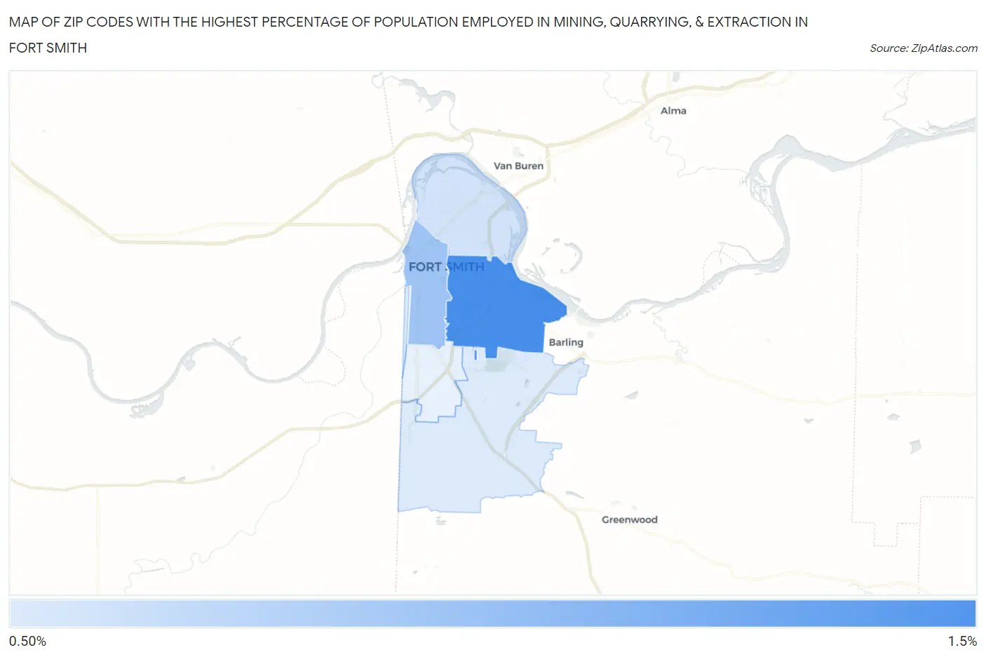 Zip Codes with the Highest Percentage of Population Employed in Mining, Quarrying, & Extraction in Fort Smith Map