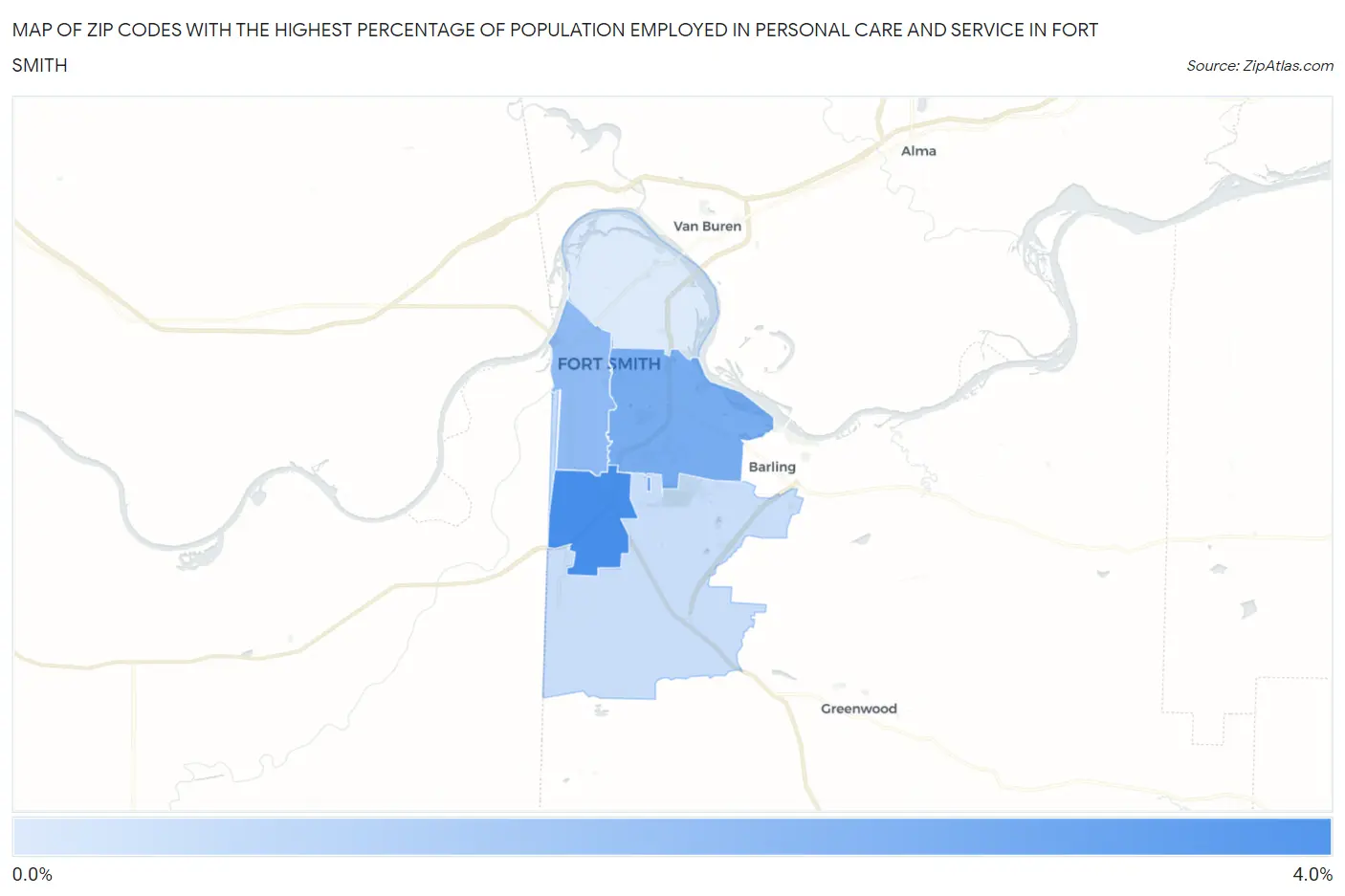 Zip Codes with the Highest Percentage of Population Employed in Personal Care and Service in Fort Smith Map