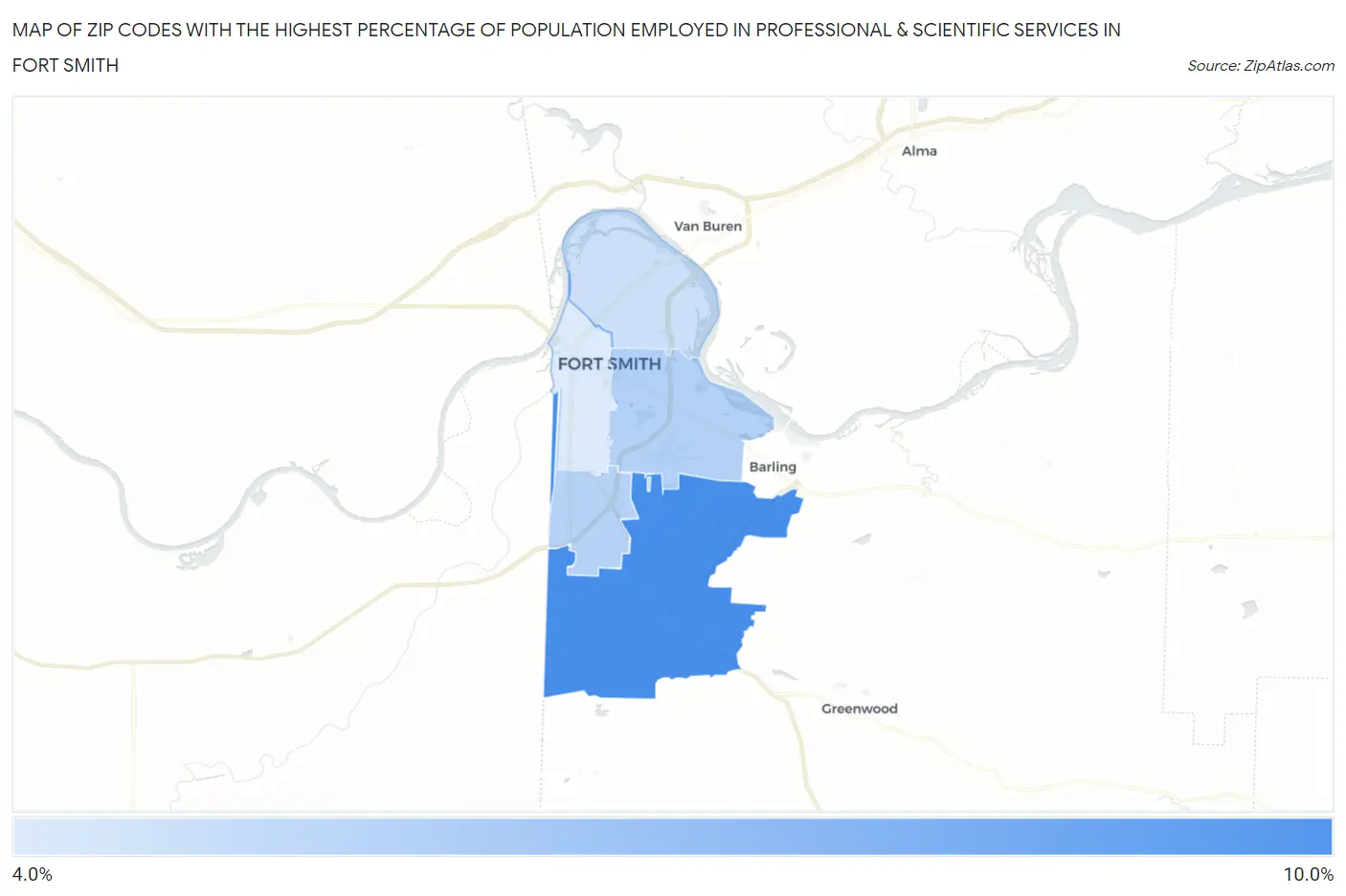 Zip Codes with the Highest Percentage of Population Employed in Professional & Scientific Services in Fort Smith Map
