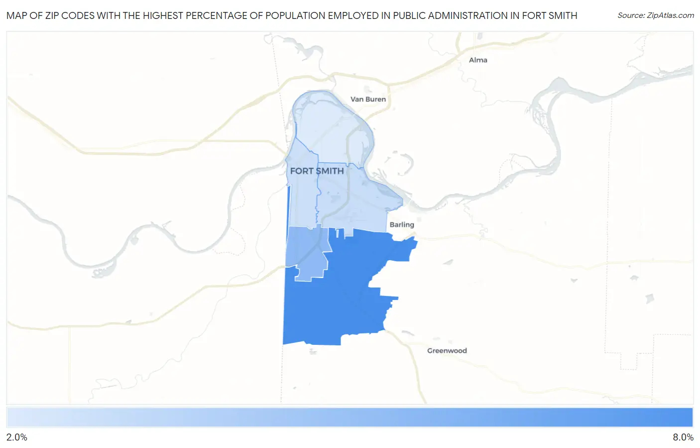 Zip Codes with the Highest Percentage of Population Employed in Public Administration in Fort Smith Map