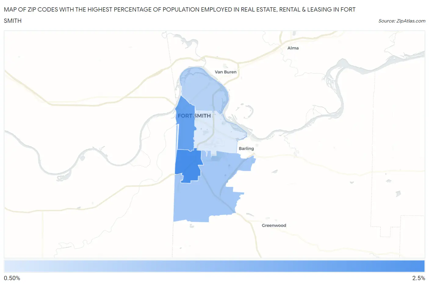Zip Codes with the Highest Percentage of Population Employed in Real Estate, Rental & Leasing in Fort Smith Map