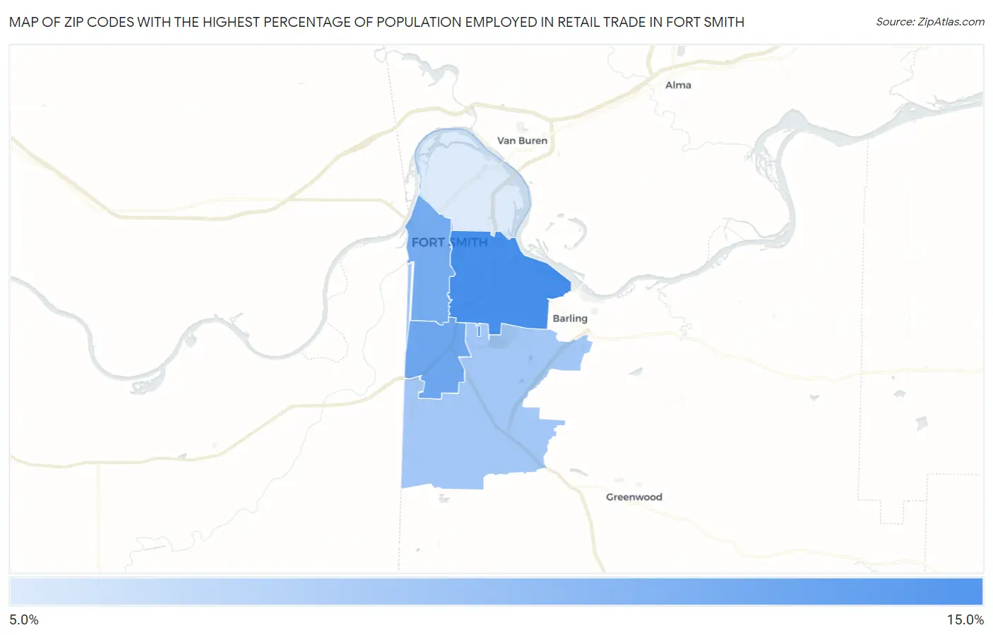 Zip Codes with the Highest Percentage of Population Employed in Retail Trade in Fort Smith Map