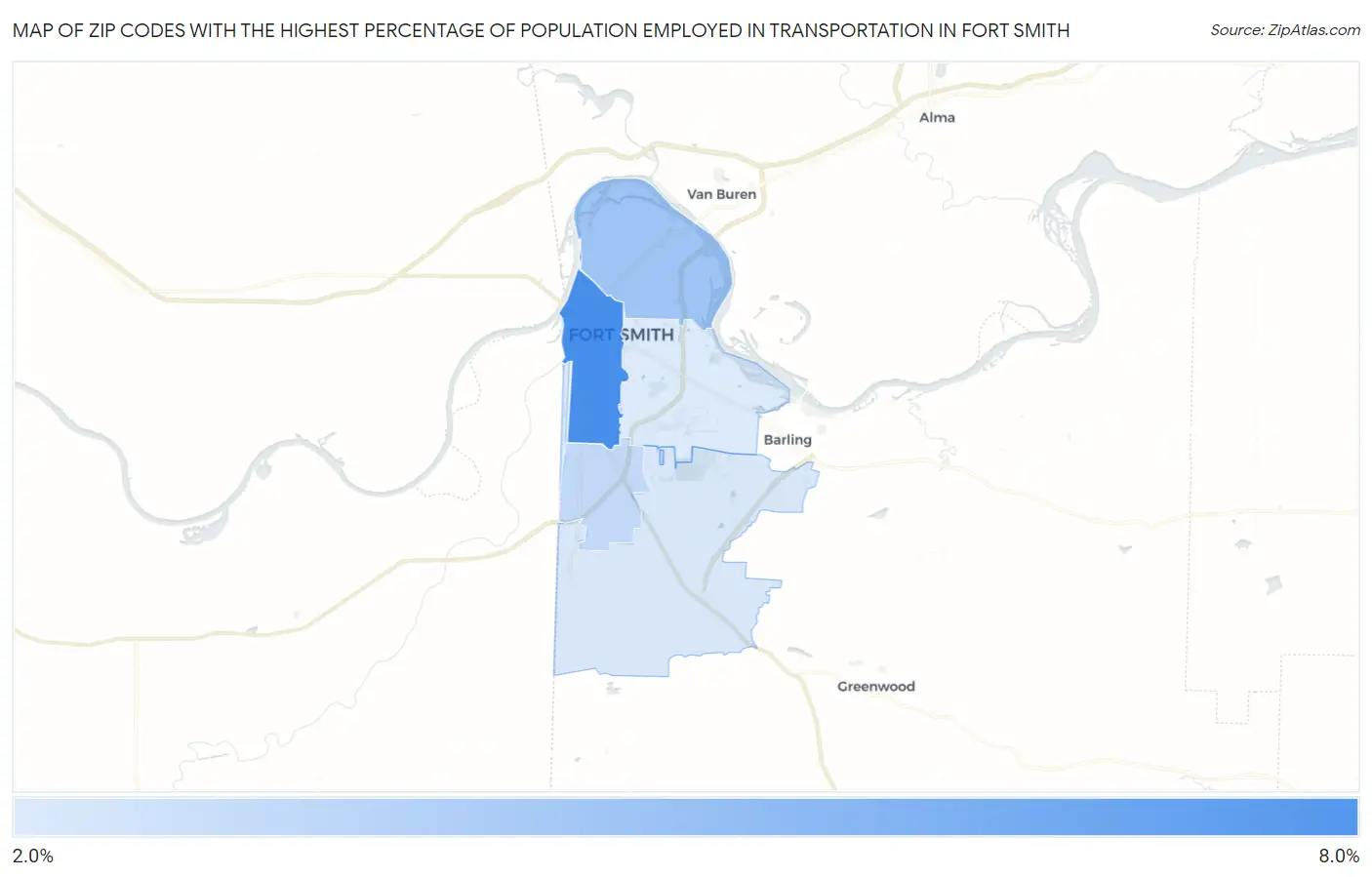 Zip Codes with the Highest Percentage of Population Employed in Transportation in Fort Smith Map