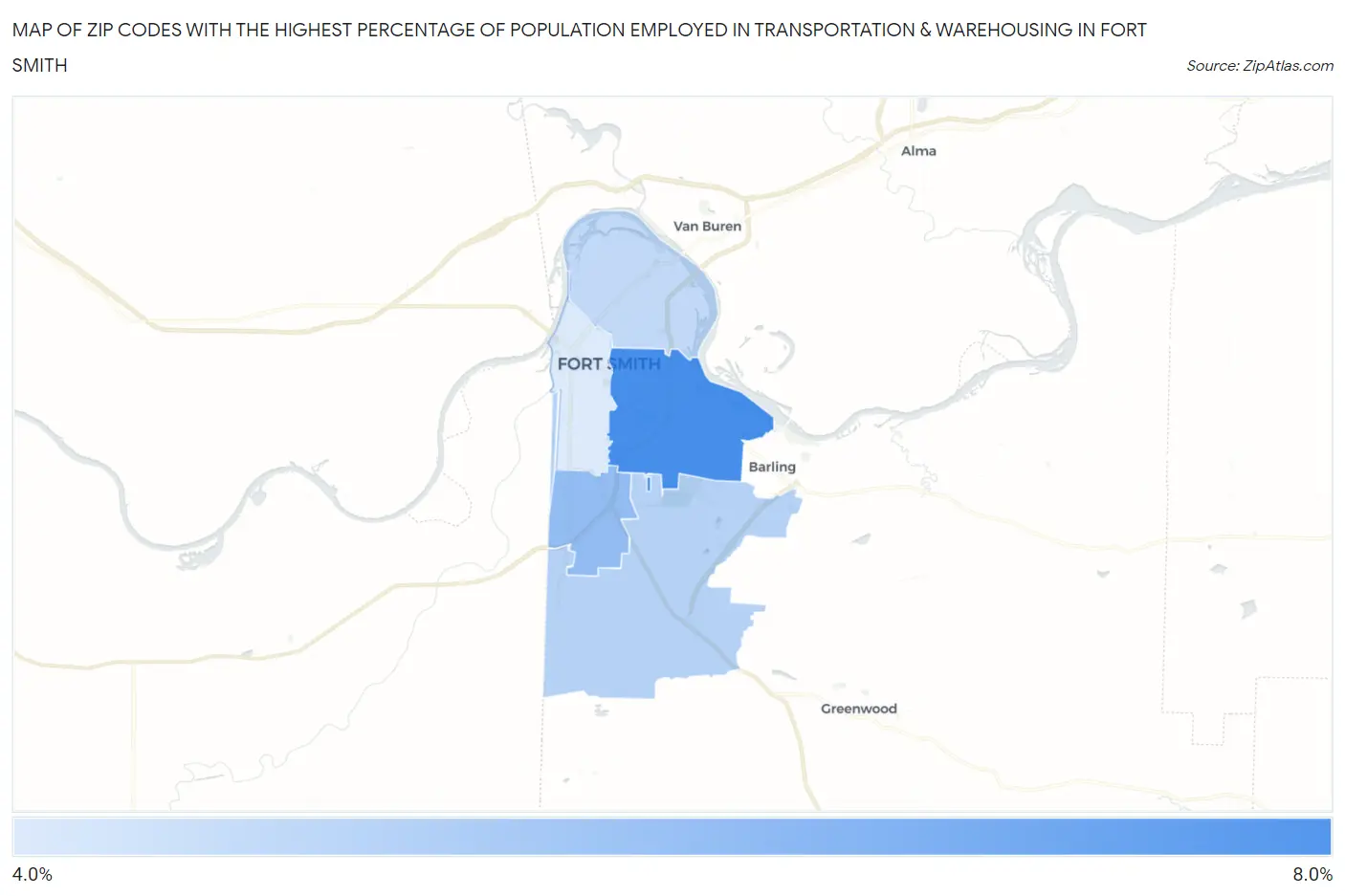 Zip Codes with the Highest Percentage of Population Employed in Transportation & Warehousing in Fort Smith Map