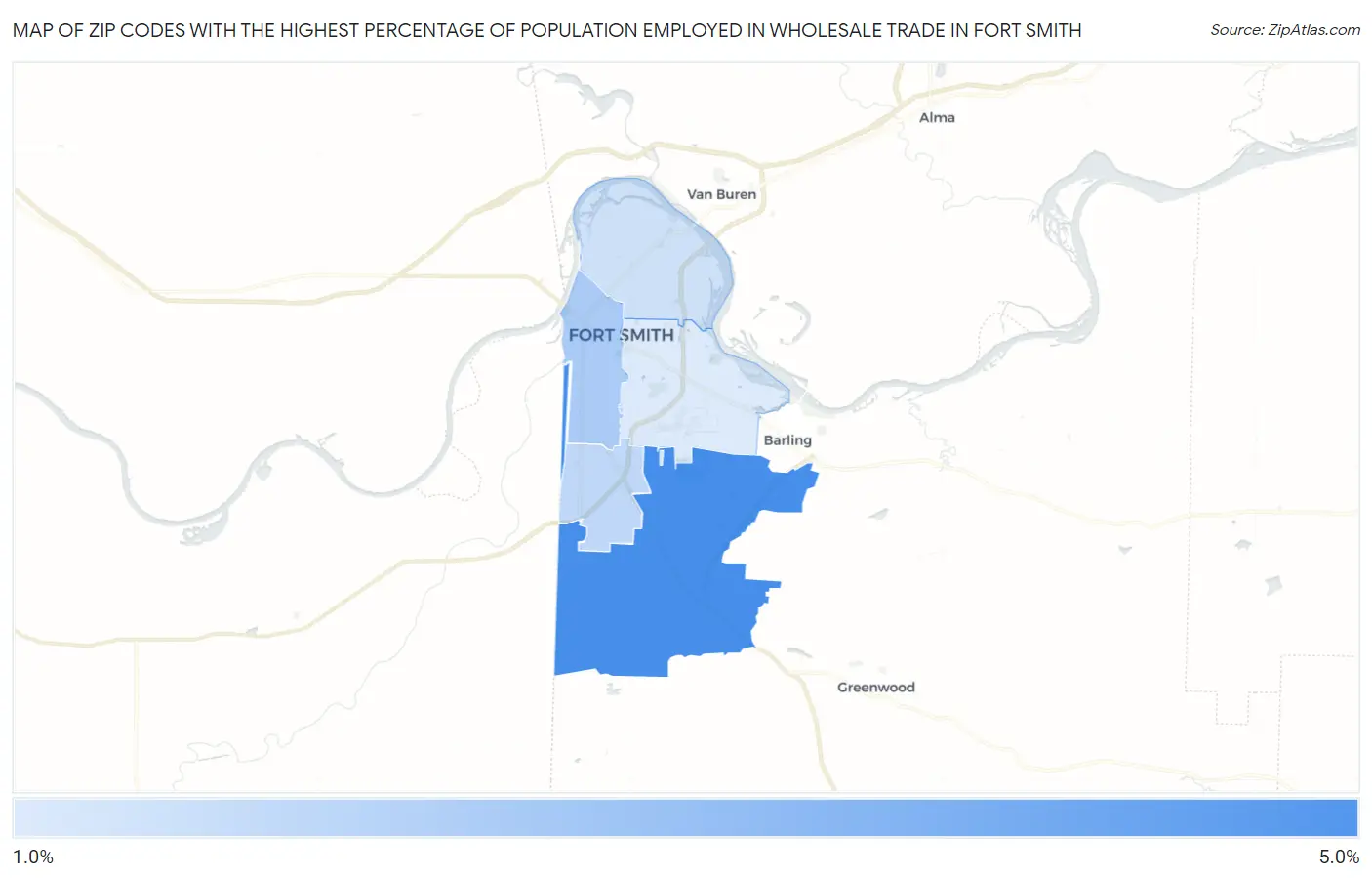 Zip Codes with the Highest Percentage of Population Employed in Wholesale Trade in Fort Smith Map
