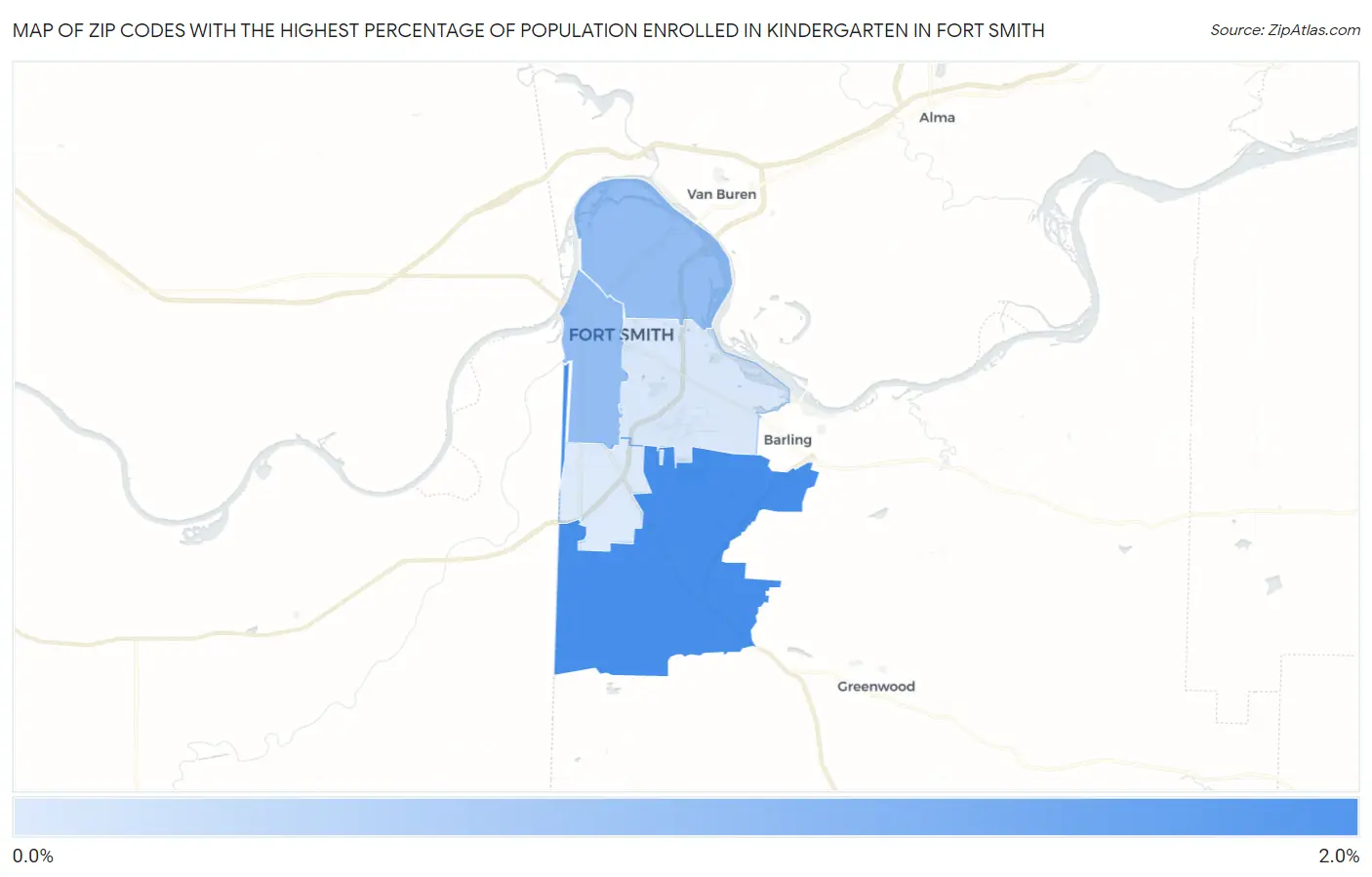 Zip Codes with the Highest Percentage of Population Enrolled in Kindergarten in Fort Smith Map