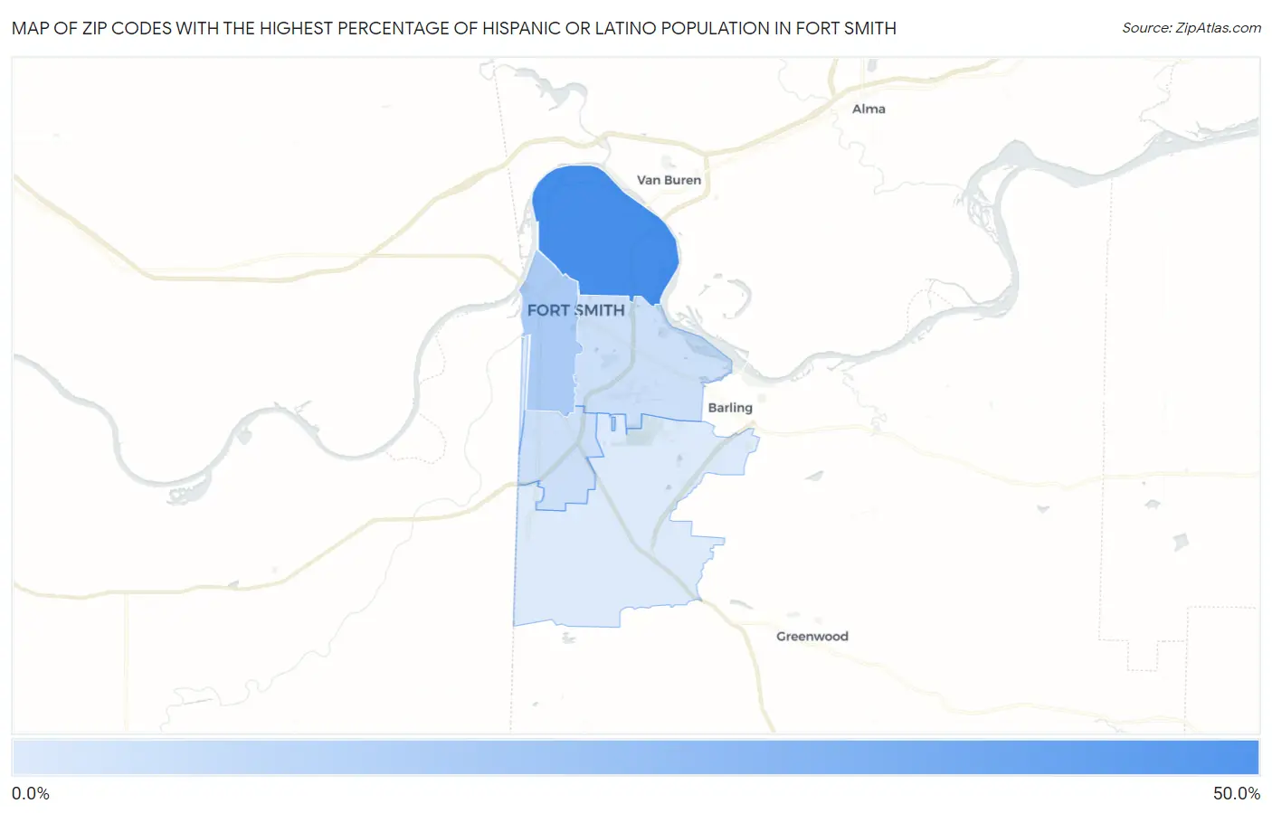 Zip Codes with the Highest Percentage of Hispanic or Latino Population in Fort Smith Map