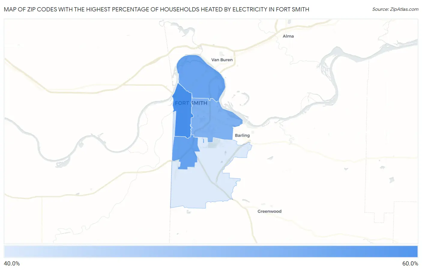 Zip Codes with the Highest Percentage of Households Heated by Electricity in Fort Smith Map