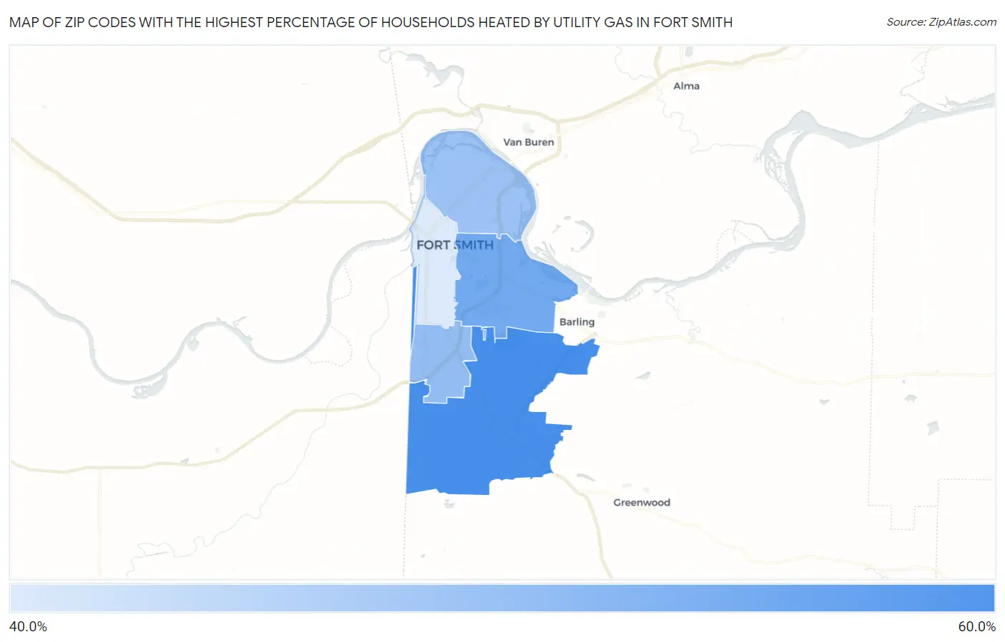 Zip Codes with the Highest Percentage of Households Heated by Utility Gas in Fort Smith Map