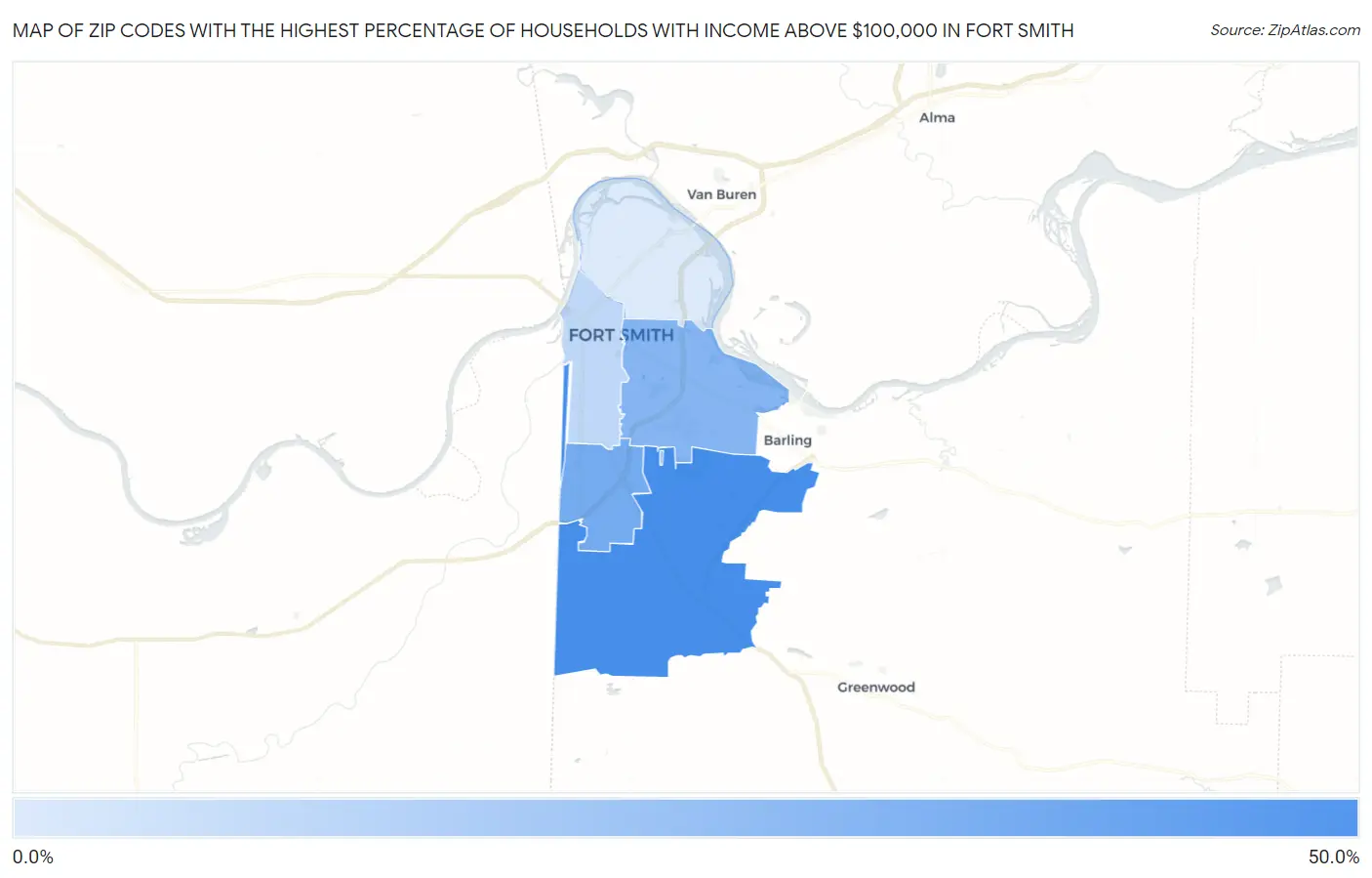 Zip Codes with the Highest Percentage of Households with Income Above $100,000 in Fort Smith Map