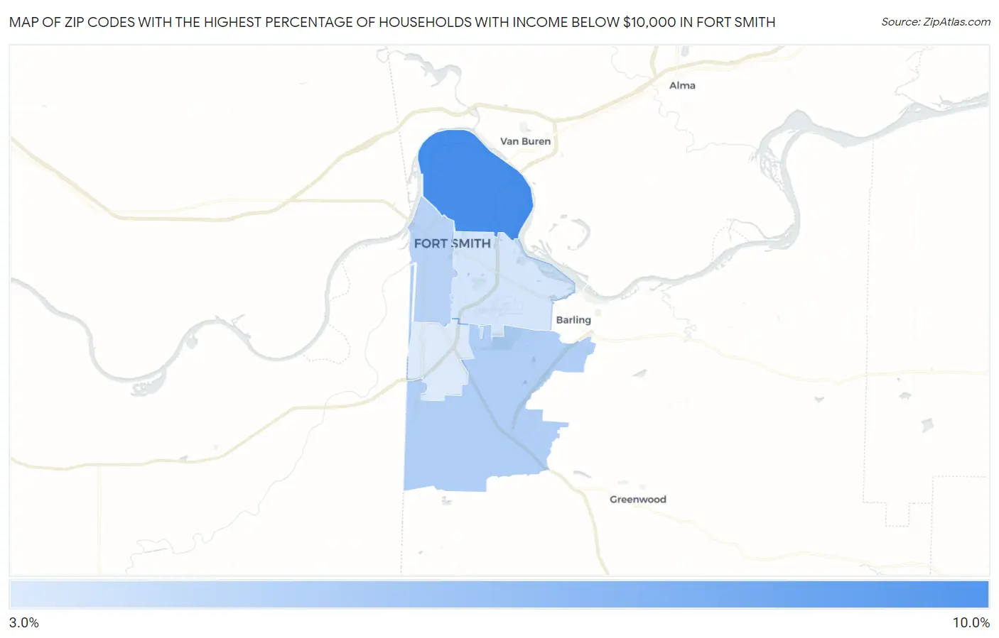 Zip Codes with the Highest Percentage of Households with Income Below $10,000 in Fort Smith Map
