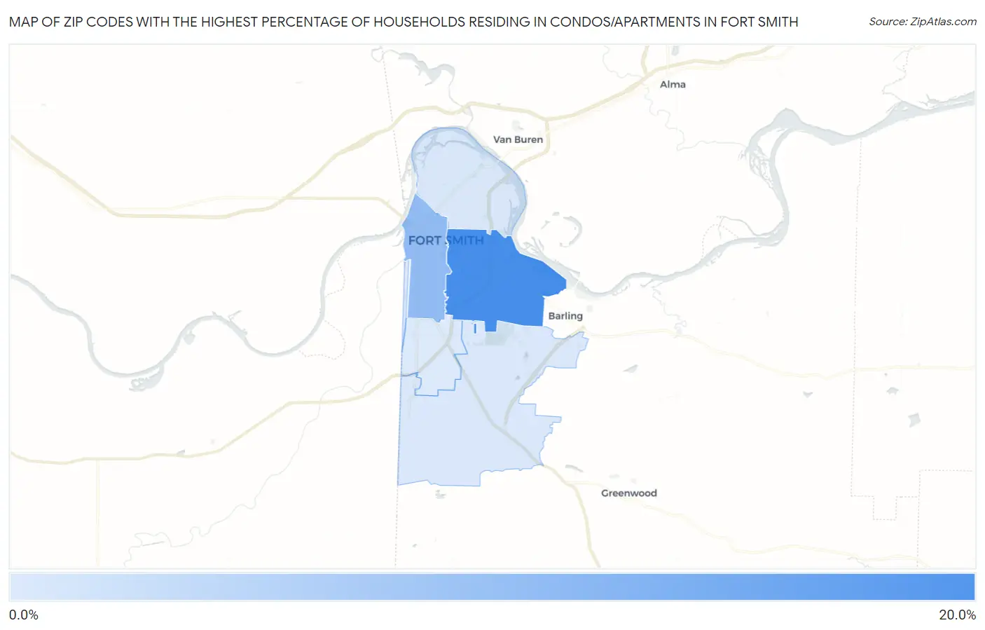 Zip Codes with the Highest Percentage of Households Residing in Condos/Apartments in Fort Smith Map