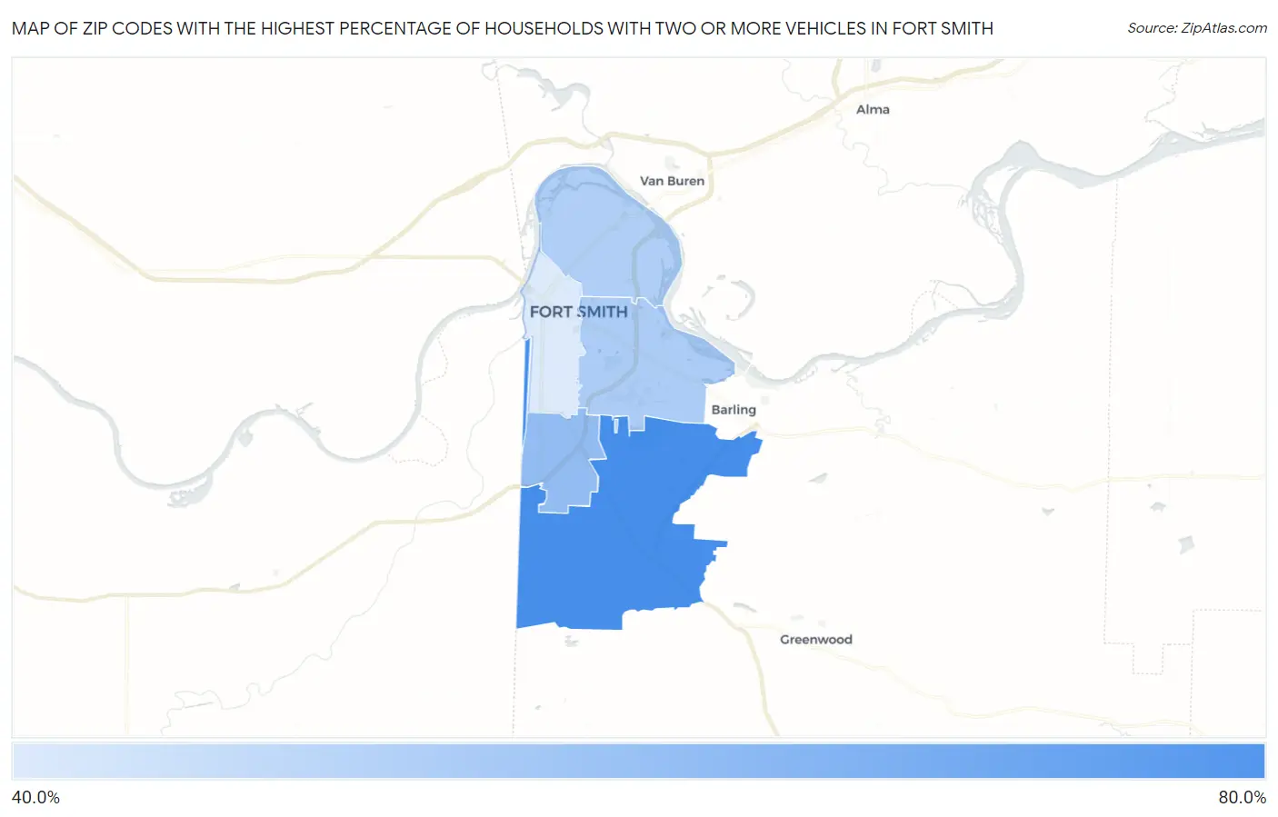 Zip Codes with the Highest Percentage of Households With Two or more Vehicles in Fort Smith Map