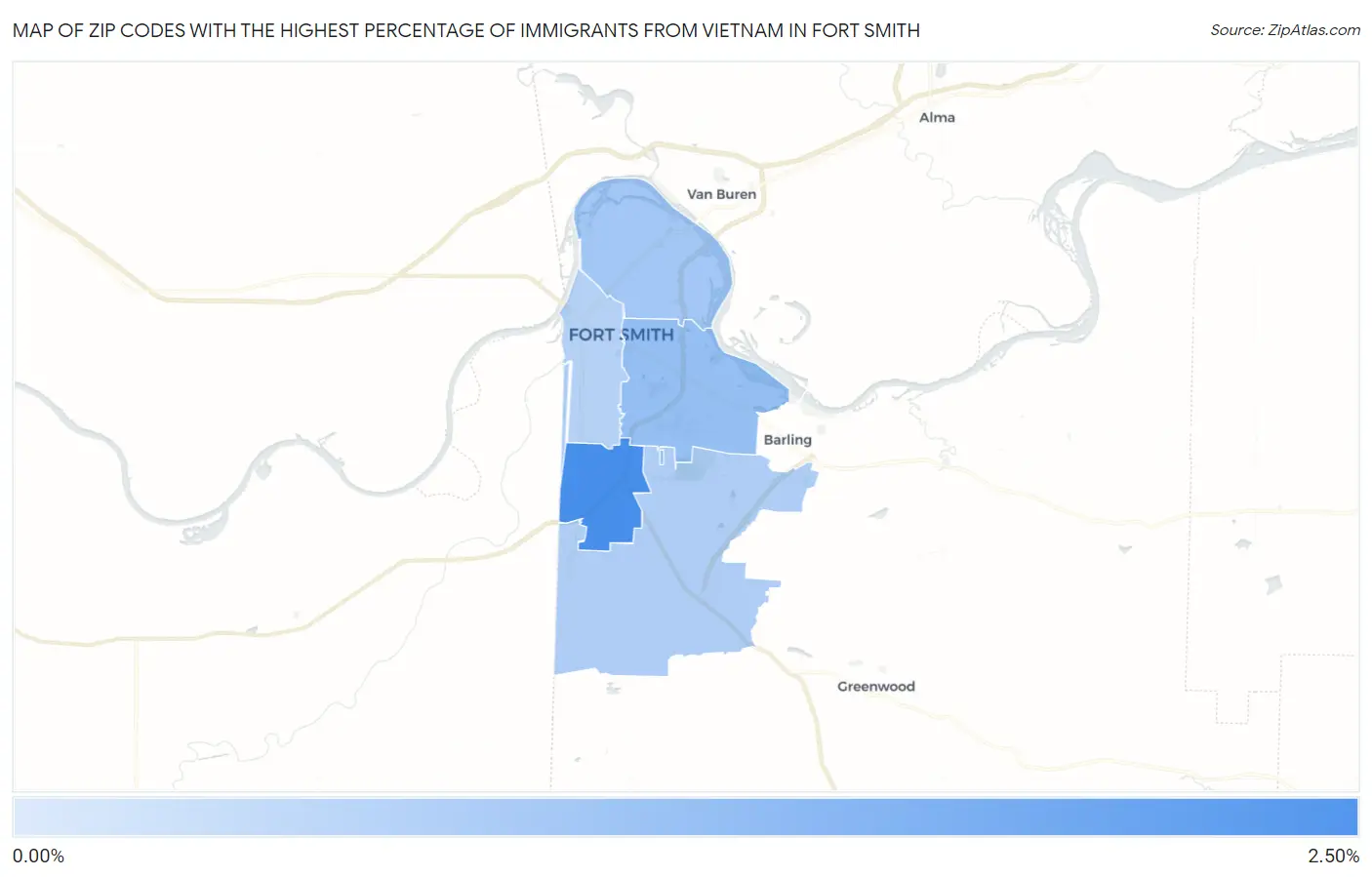 Zip Codes with the Highest Percentage of Immigrants from Vietnam in Fort Smith Map