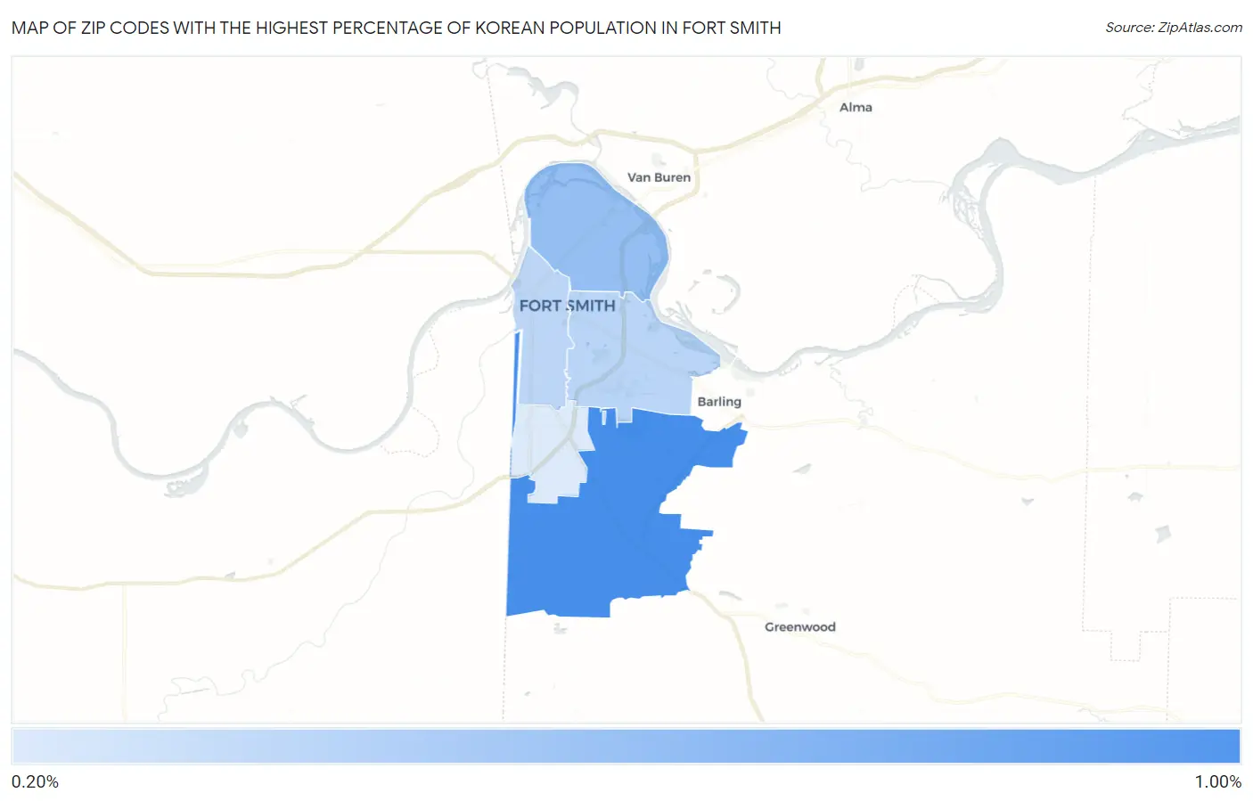 Zip Codes with the Highest Percentage of Korean Population in Fort Smith Map