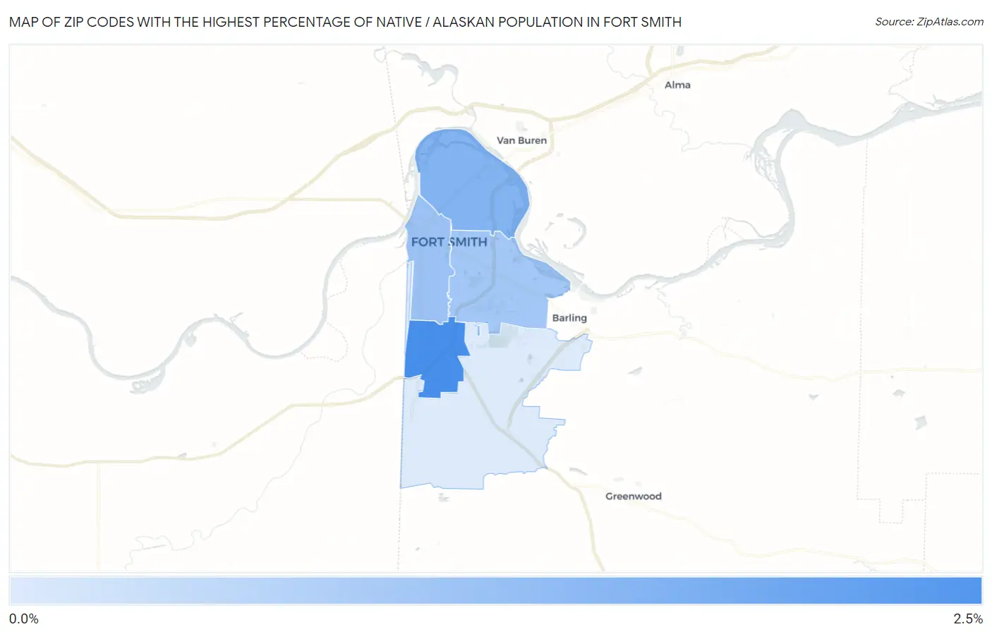 Zip Codes with the Highest Percentage of Native / Alaskan Population in Fort Smith Map