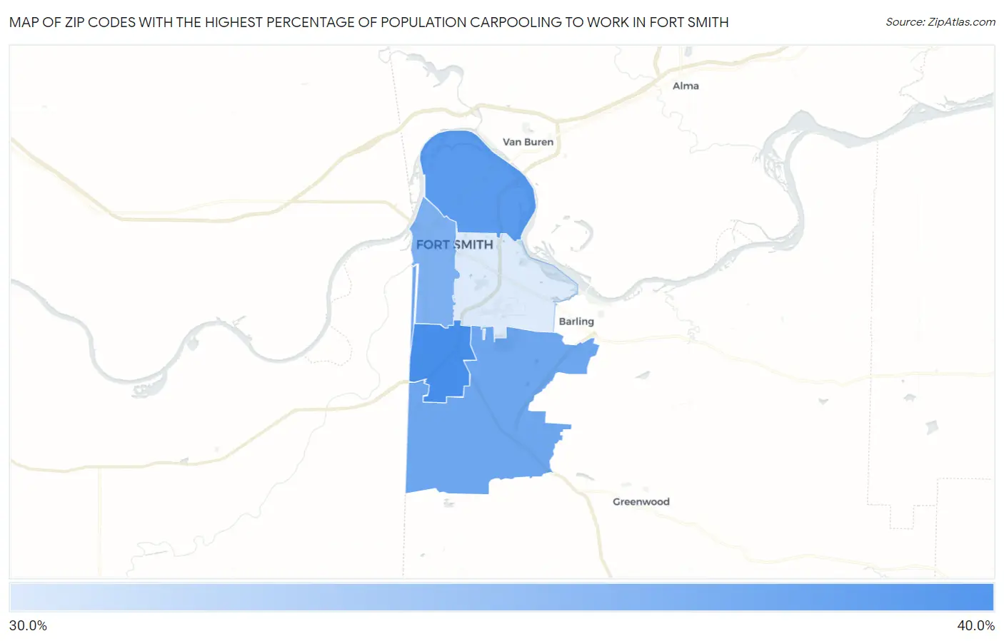 Zip Codes with the Highest Percentage of Population Carpooling to Work in Fort Smith Map