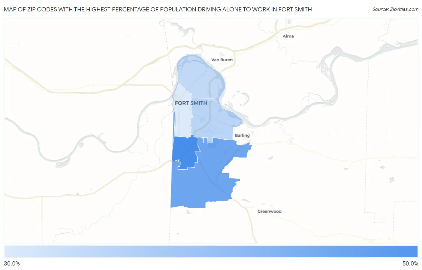 Zip Codes with the Highest Percentage of Population Driving Alone to Work in Fort Smith Map