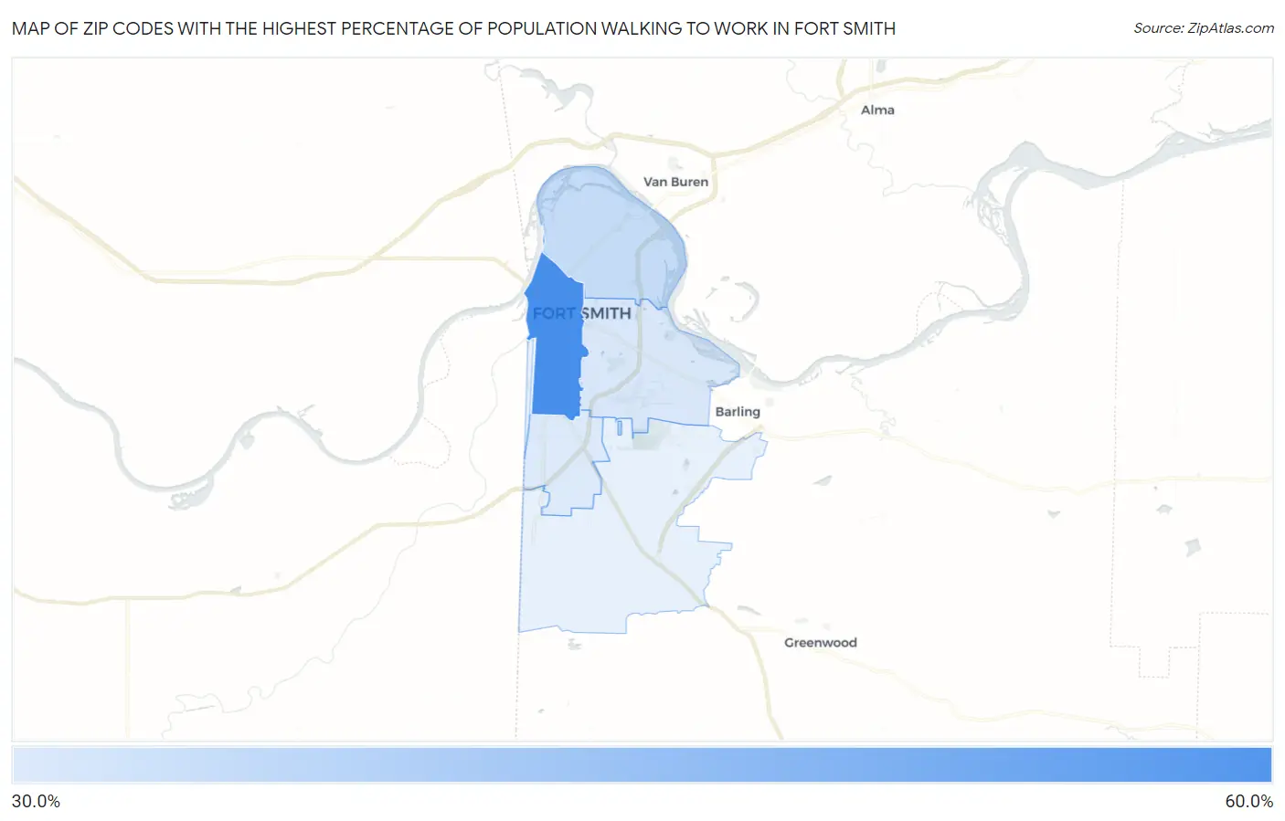 Zip Codes with the Highest Percentage of Population Walking to Work in Fort Smith Map
