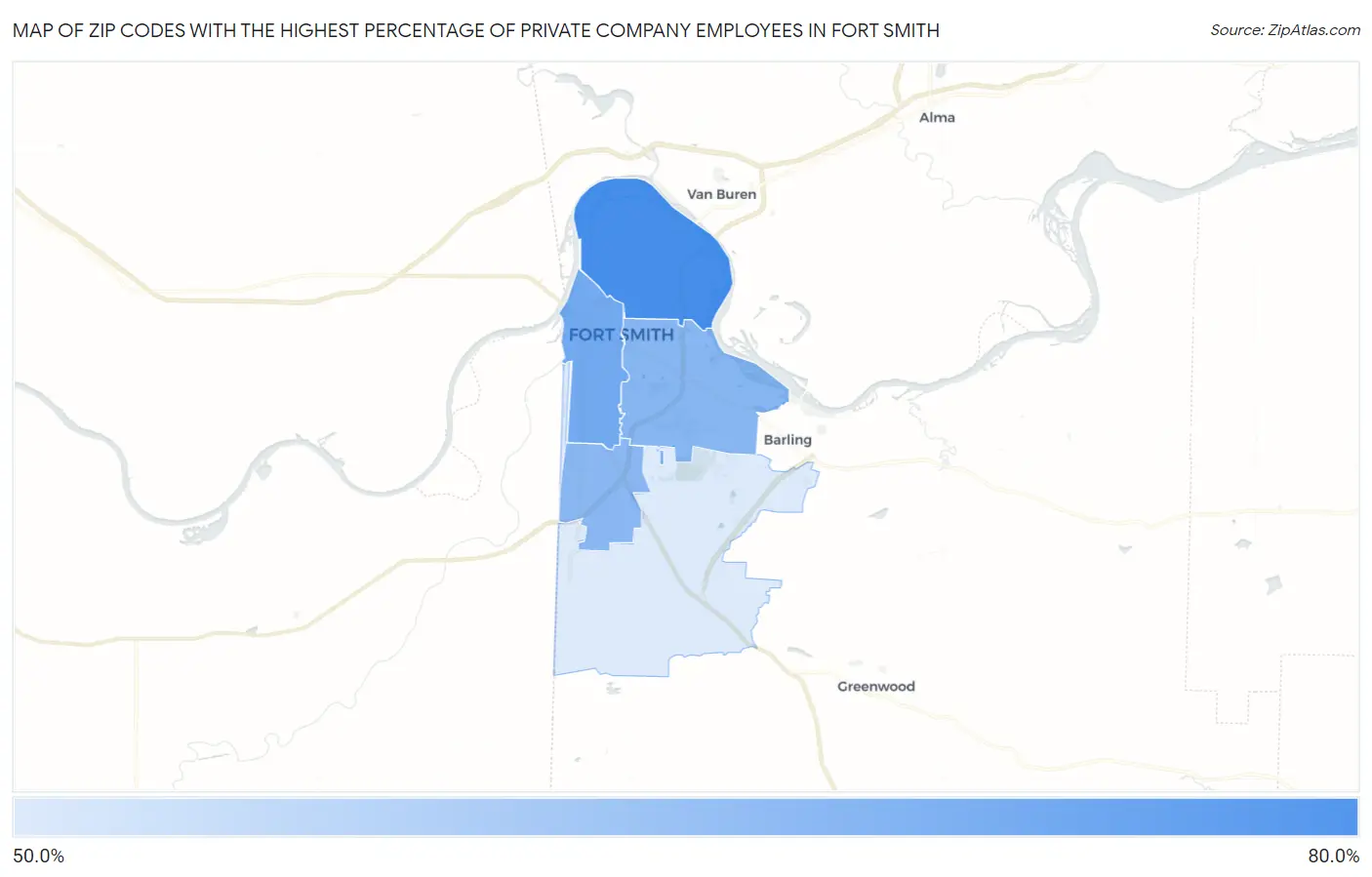 Zip Codes with the Highest Percentage of Private Company Employees in Fort Smith Map