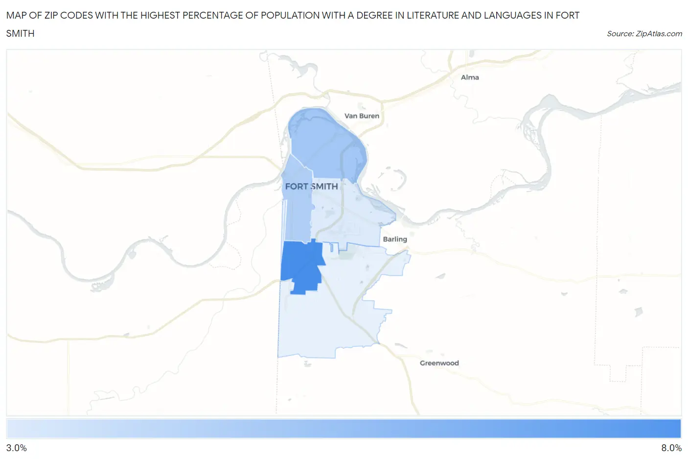 Zip Codes with the Highest Percentage of Population with a Degree in Literature and Languages in Fort Smith Map